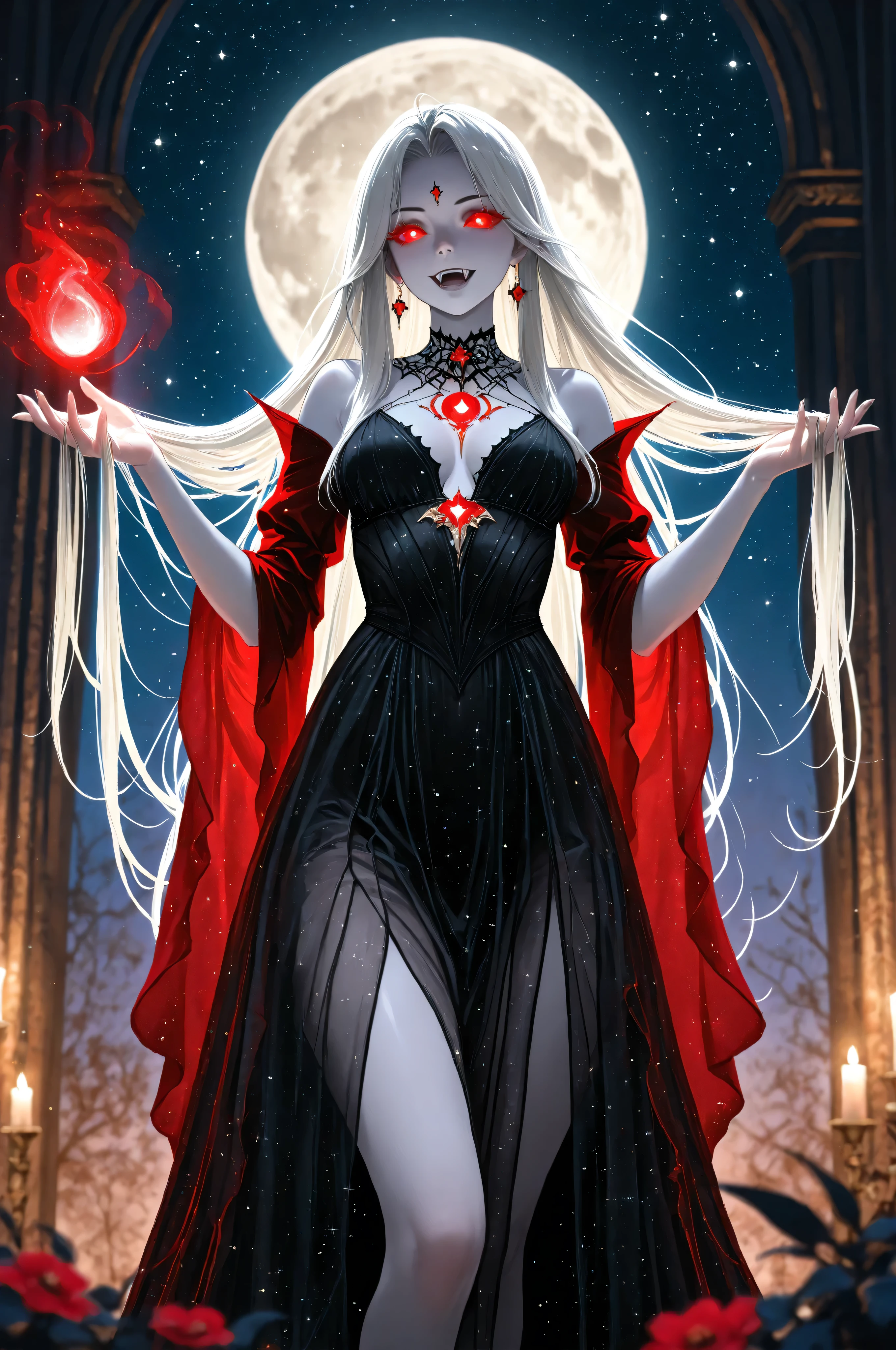 a picture of an epic beautiful female vampire, ghostly beauty, wearing transluminescent dress, black silk dress, intricate dress, transluminescent dress, transparent dress, red sleeves, epic beautiful female vampire, pale skin perfect body, ghostly beauty, serene beauty, lush hair, long hair, red glowing eyes, vampire fangs, stars entwined in the woman's hair, light caress the woman, moon light caress the dress, fantasy art, night time, the moon rises, creating award winning, photorealism, depth of field, hyper realistic, zavy-ctcmcs, Celestial Fantasy, dnddarkestfantasy, Art Deco, hyp3rd3tail style, Ethereal Gothic Elegance