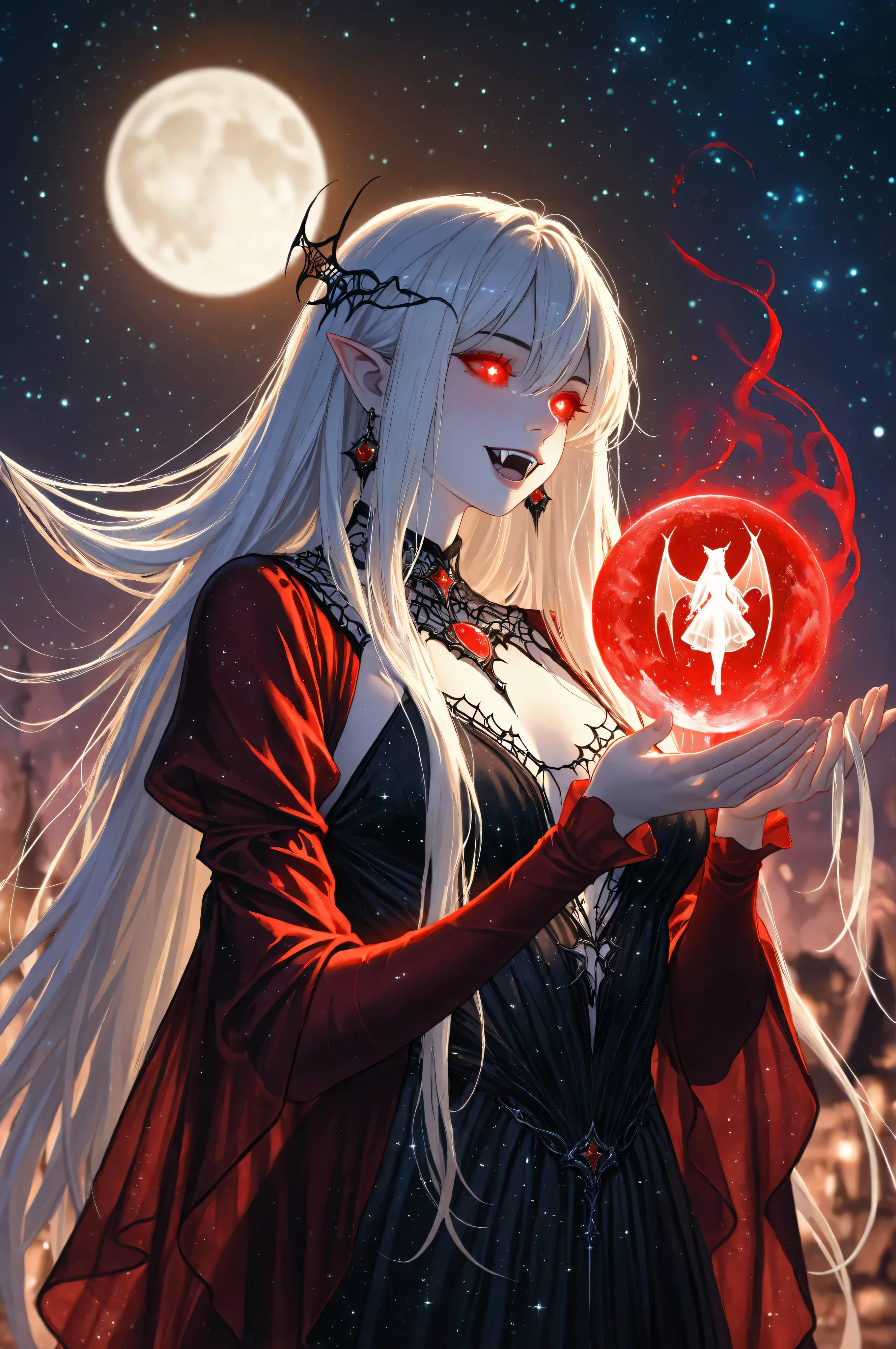 a picture of an epic beautiful female vampire, ghostly beauty,  wearing transluminescent dress, black silk dress, intricate dress, transluminescent dress, transparent dress, red sleeves, epic beautiful female vampire, pale skin perfect body,  ghostly beauty, serene beauty, lush hair, long hair, red glowing eyes, vampire fangs, stars entwined in the woman's hair, light caress the woman, moon light caress the dress, fantasy art, night time, the moon rises, creating award winning, photorealism, depth of field, hyper realistic,  zavy-ctcmcs, Celestial Fantasy, dnddarkestfantasy, Art Deco, hyp3rd3tail style, Ethereal Gothic Elegance
