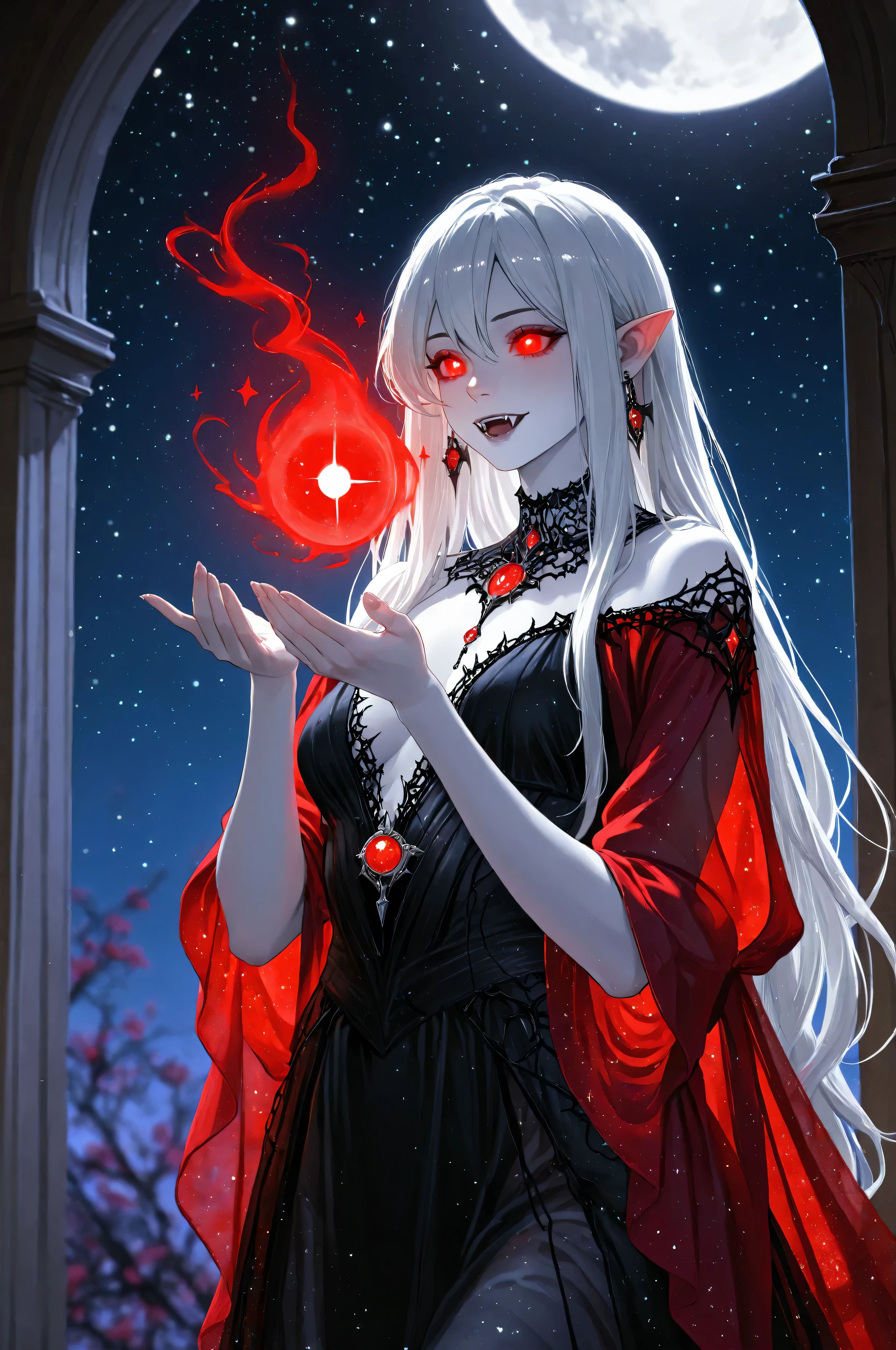 a picture of an epic beautiful female vampire, ghostly beauty, wearing transluminescent dress, black silk dress, intricate dress, transluminescent dress, transparent dress, red sleeves, epic beautiful female vampire, pale skin perfect body, ghostly beauty, serene beauty, lush hair, long hair, red glowing eyes, vampire fangs, stars entwined in the woman's hair, light caress the woman, moon light caress the dress, fantasy art, night time, the moon rises, creating award winning, photorealism, depth of field, hyper realistic, zavy-ctcmcs, Celestial Fantasy, dnddarkestfantasy, Art Deco, hyp3rd3tail style, Ethereal Gothic Elegance