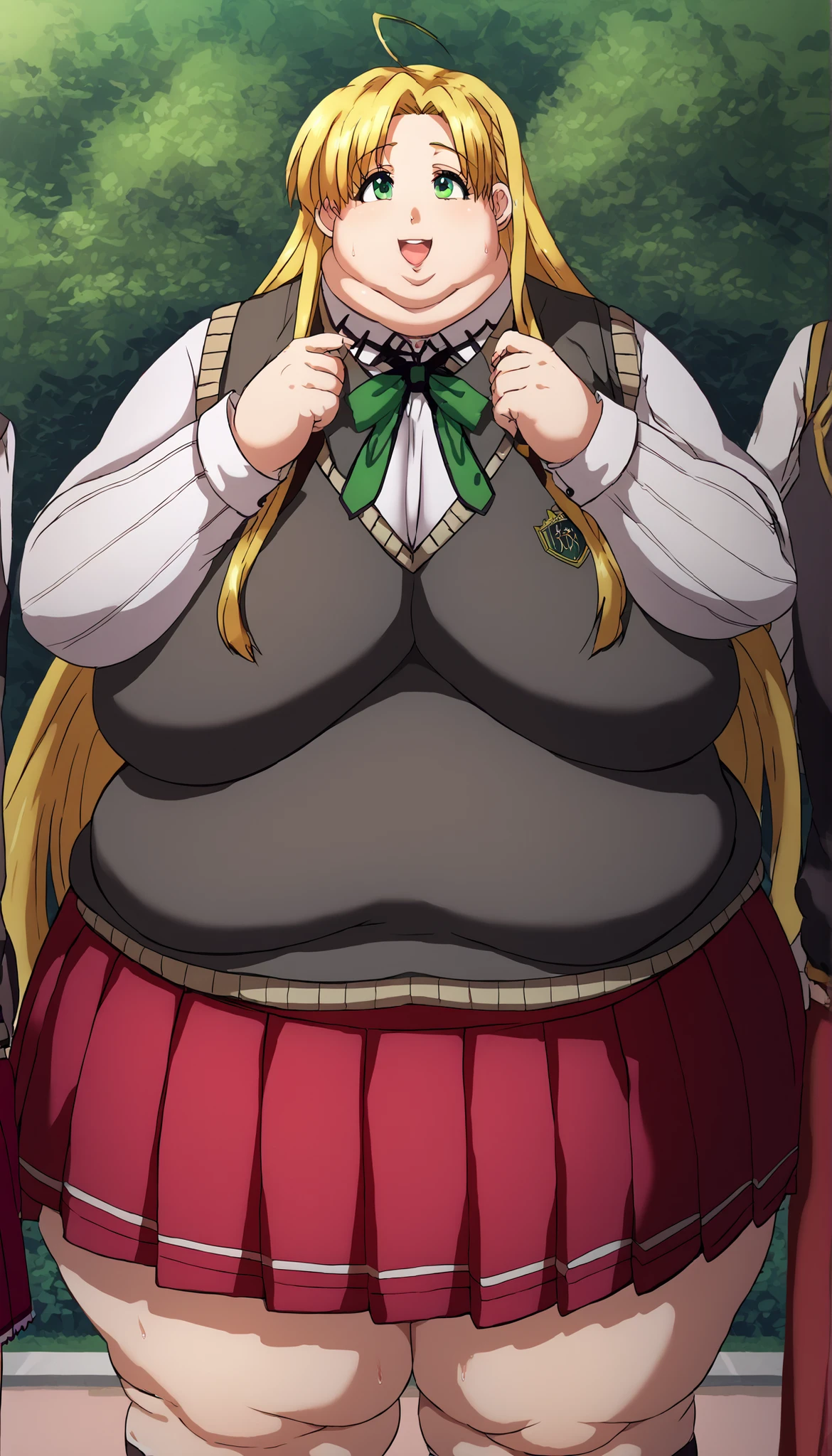 score_9, score_8_up, score_7_up, source_anime,
asiaargento,
asia argento, long hair, blonde hair, green eyes, parted bangs, ahoge, smile,
skirt, shirt, long sleeves, ribbon, school uniform, pleated skirt, vest, red skirt, sweater vest,, pretty beautiful mature old cute curvy slut bbw female woman sexy, chubby ,big hairy milf big, cute, chubby, Obese, huge arms and legs, BBW、big chest wide open mouth, shortness of breath、sweat, puffy cheek