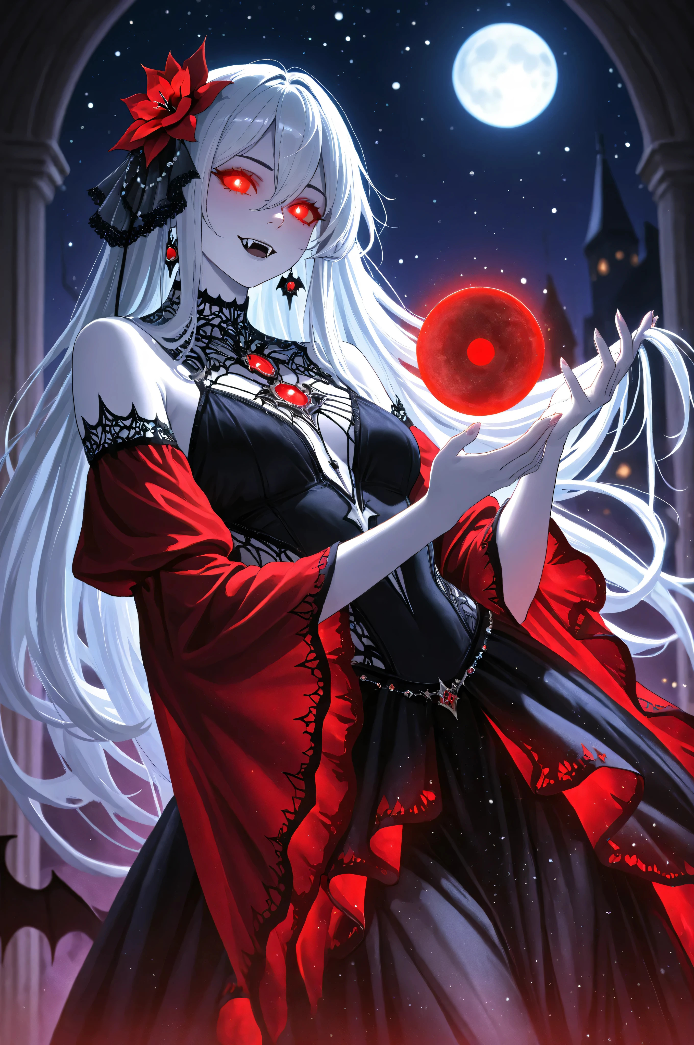 a picture of an epic beautiful female vampire, ghostly beauty, wearing transluminescent dress, black silk dress, intricate dress, transluminescent dress, transparent dress, red sleeves, epic beautiful female vampire, pale skin perfect body, ghostly beauty, serene beauty, lush hair, long hair, red glowing eyes, vampire fangs, stars entwined in the woman's hair, light caress the woman, moon light caress the dress, fantasy art, night time, the moon rises, creating award winning, photorealism, depth of field, hyper realistic, zavy-ctcmcs, Celestial Fantasy, dnddarkestfantasy, Art Deco, hyp3rd3tail style, Ethereal Gothic Elegance
