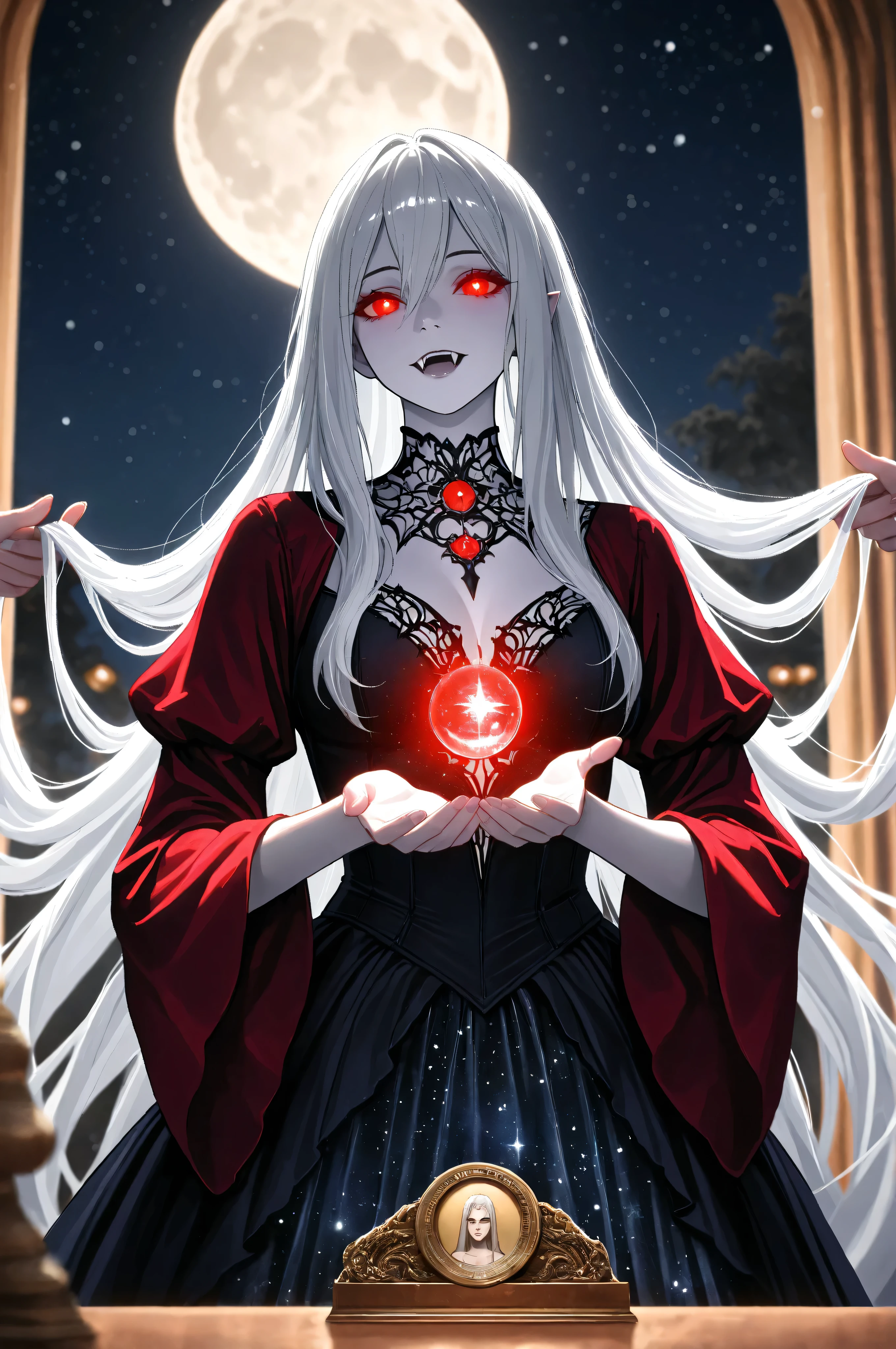 a picture of an epic beautiful female vampire, ghostly beauty, wearing transluminescent dress, black silk dress, intricate dress, transluminescent dress, transparent dress, red sleeves, epic beautiful female vampire, pale skin perfect body, ghostly beauty, serene beauty, lush hair, long hair, red glowing eyes, vampire fangs, stars entwined in the woman's hair, light caress the woman, moon light caress the dress, fantasy art, night time, the moon rises, creating award winning, photorealism, depth of field, hyper realistic, zavy-ctcmcs, Celestial Fantasy, dnddarkestfantasy, Art Deco, hyp3rd3tail style, Ethereal Gothic Elegance