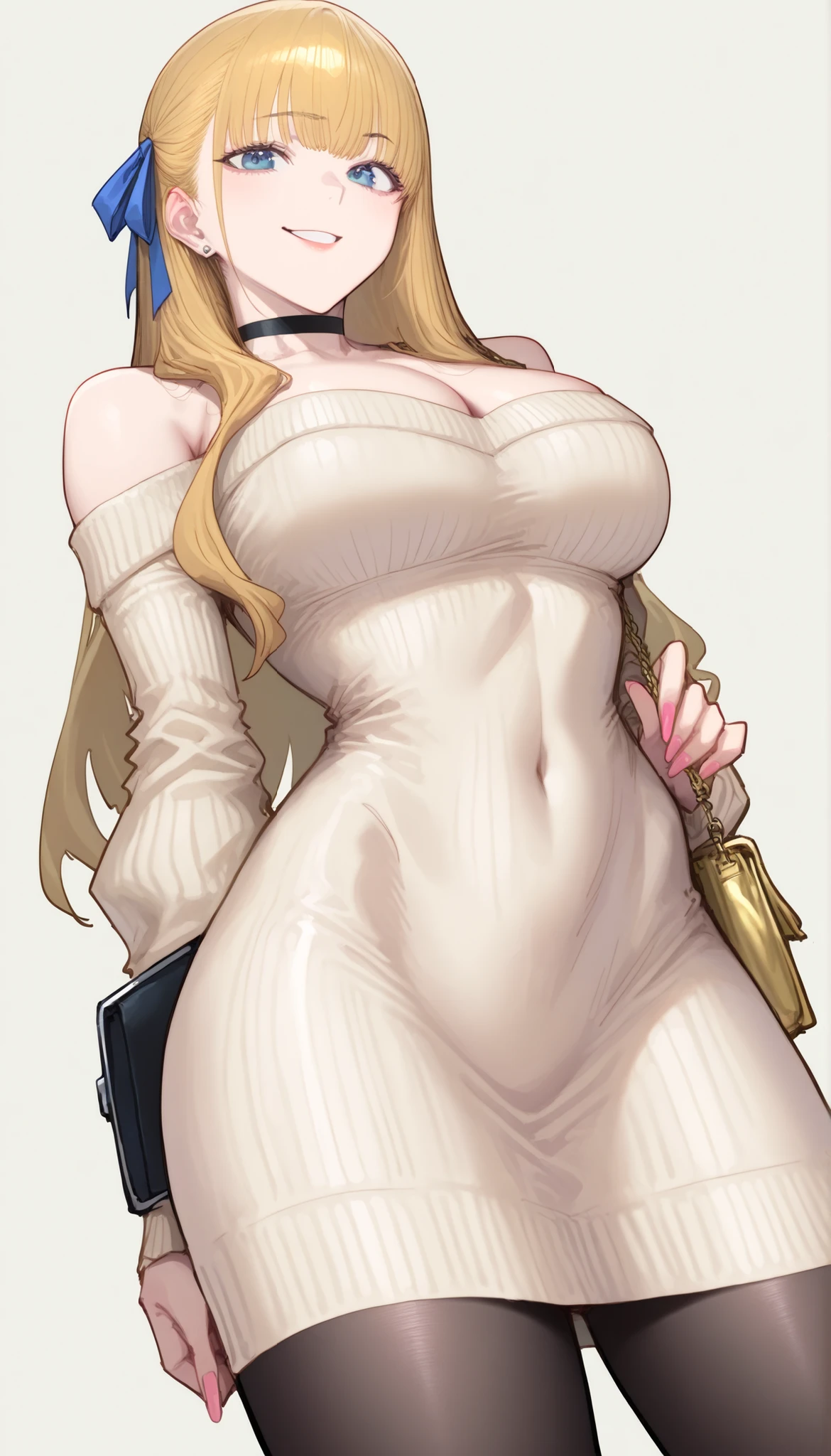(PONY XL) Liya - FITNESS [MANHWA], gorgeous pretty adult woman with orange-blonde long hair, forehead hair bangs, big blue eyes, fair natural skin, pink nails, small yet slightly plump breasts, small waist, plump light-red lips, and a perfect slender body. She's wearing a revealing mini short off-shoulder tube beige sweater-dress with attached long tight palm-length sleeves and round neckline, gloss black pantyhose stockings, a choker, and one hair ribbon on the side. She's standing, soft smirk, one eyebrow raised, carrying one strappy purse in her hands,  and a plain white empty background. Show from her head to lower knee, SOLO, proper middle-below view, and super hyper-detailed.