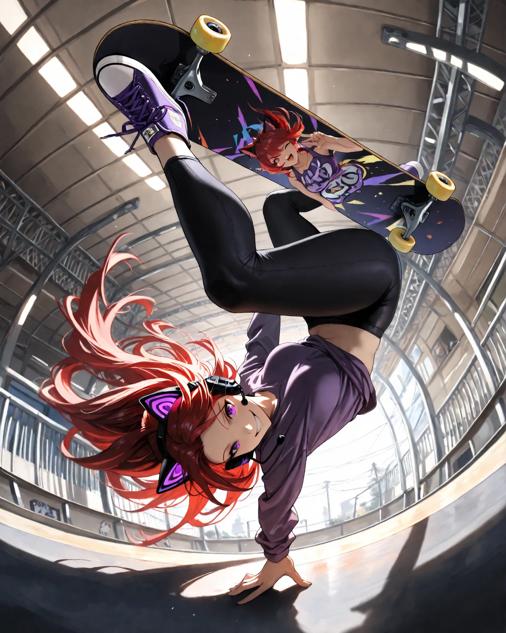 front angle, (masterpiece, 4k, ultra detailed, vivid colors, dynamic pose, professional camera angles), {1woman}: (a beautiful and attractive woman, long red hair, expressive purple eyes, wearing a headset with cat ears, a purple top, very short black leggings, purple Converse sneakers, smiling and winking, is skateboarding and doing a radical trick on a skateboard ramp, upside down with one hand firmly holding the skateboard on her feet and the other holding the edge of the ramp for balance, dynamic fisheye perspective, dramatic motion blur, intense perspective, capturing the energy of the stunt), a giant skateboard ramp in a skatepark with beautiful lighting, vivid shadows and highlights