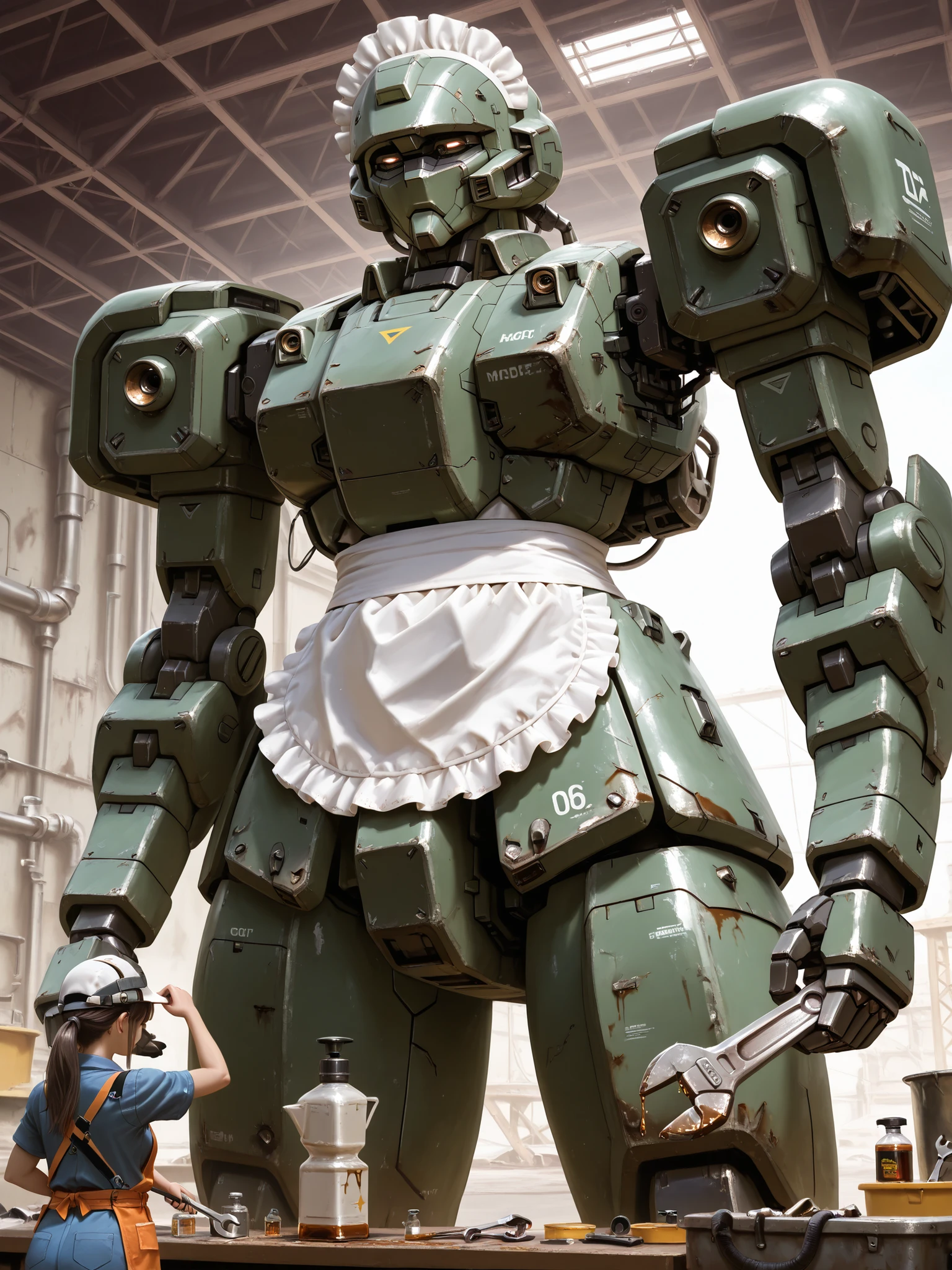 Highest Quality,masterpiece,maids,Mechanic,maids服,Wrench,oil,Giant Mecha,Maintaining,Soft Touch, Delicate Body Curves, Realistic Human Body,Realistic Mecha,