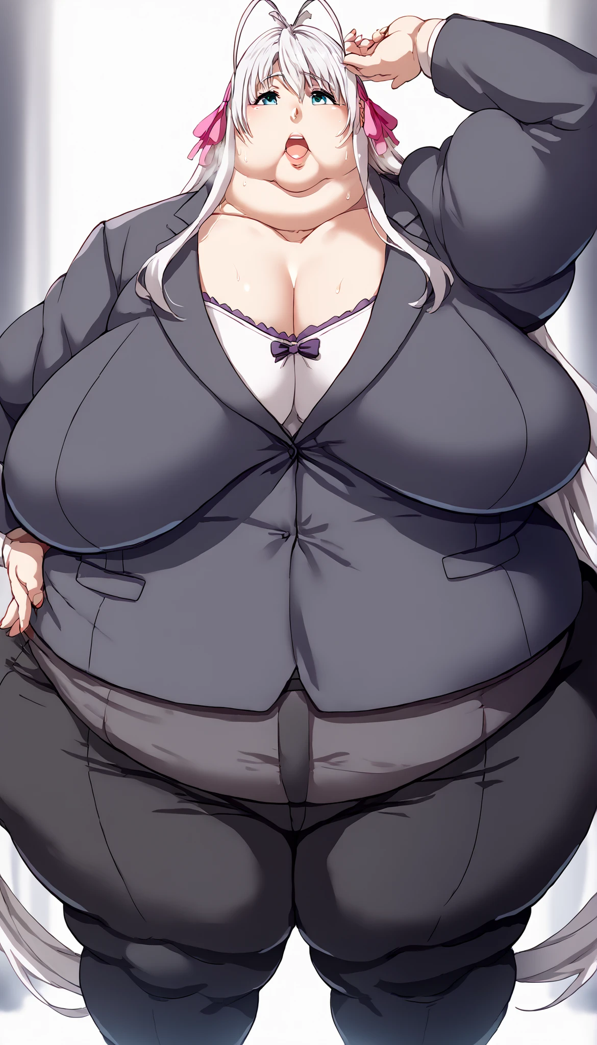 score_9, score_8_up, score_7_up, score_6_up, source_anime, 1girl, solo dxdRos, white hair, antenna hair, very long hair, cyan eyes, hair ribbon, black suit, formal, collarbone, black pants, (huge breasts:0.8),, pretty beautiful mature old cute curvy slut bbw female woman sexy, chubby ,big hairy milf big, cute, chubby, Obese, huge arms and legs, BBW、big chest wide open mouth, shortness of breath、sweat, puffy cheek