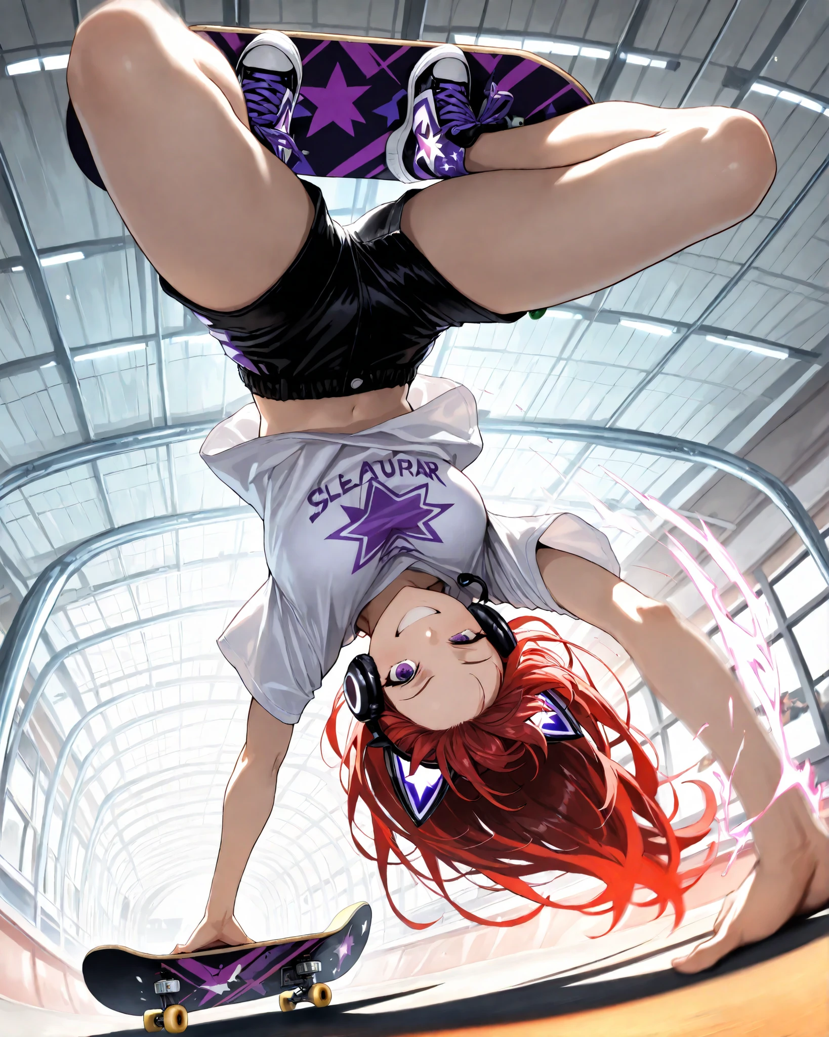 front angle, (masterpiece, 4k, ultra detailed, vivid colors, dynamic pose, professional camera angles), {1woman}:(a beautiful and attractive woman, long red hair, expressive purple eyes, wearing a cat ears headset, a t-shirt with a cute illustration, very short black shorts, purple all star sneakers, smiling and winking, is skateboarding and performing an extreme trick on the edge of a ramp, upside down, one hand firmly grabbing the skateboard and the other hand holding the ramp edge for balance, dynamic fish-eye perspective, dramatic motion blur, intense perspective, capturing the energy of the stunt), skatepark with beautiful lighting, vivid shadows and highlights
