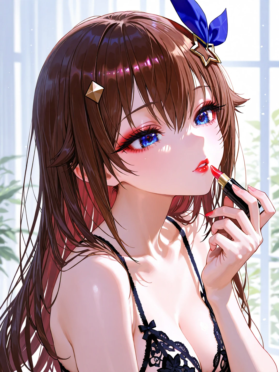 masterpiece, best quality, highres, 1girl, kizuna ai,  ,long hair, brown hair, multicolored hair, floating hair, pink hairband, pink highlights, streaked hair, smiling, , sitting in car, seatbelt on 