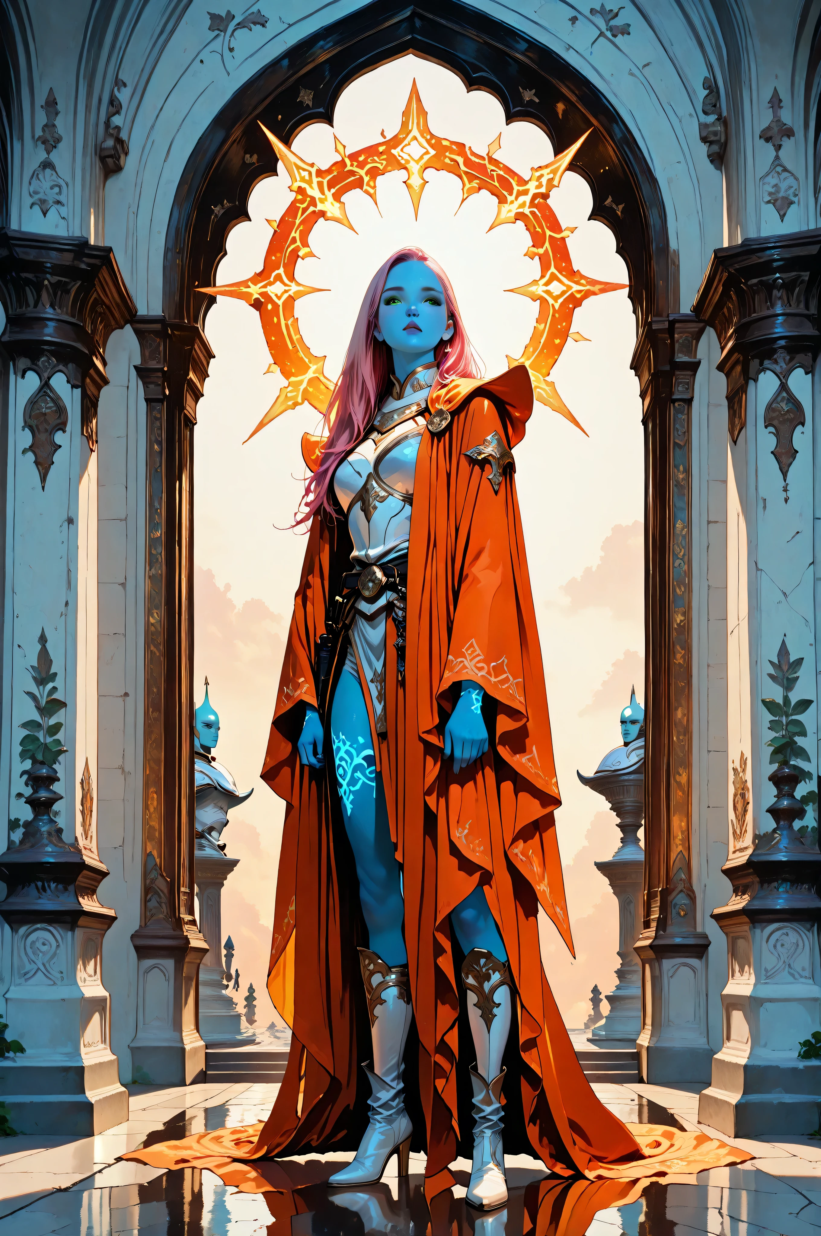 femillustration,aidmaMJ6.1,fantasy portrait  art, dnd art, RPG art, wide shot, (masterpiece: 1.4) intense details, highly detailed, photorealistic, best quality, highres, portrait a female (fantasy art, Masterpiece, best quality: 1.3) ((blue skin: 1.5)), intense details facial details, exquisite beauty, (fantasy art, Masterpiece, best quality) cleric, (blue skinned: 1.3) female, (pink hair: 1.3), long hair, ((no ears: 1.5)), (green eyes: 1.3), casting yellow radiant spell, wearing heavy (white armor: 1.3), wearing high heeled boots, wearing an (orange cloak:1.3), wearing glowing holy symbol, within fantasy temple background, reflection light, high details, best quality, 16k, [ultra detailed], masterpiece, best quality, (extremely detailed), close up, ultra wide shot, photorealistic, RAW, fantasy art, dnd art, fantasy art, realistic art,((best quality)), ((masterpiece)), (detailed), perfect face, art by 