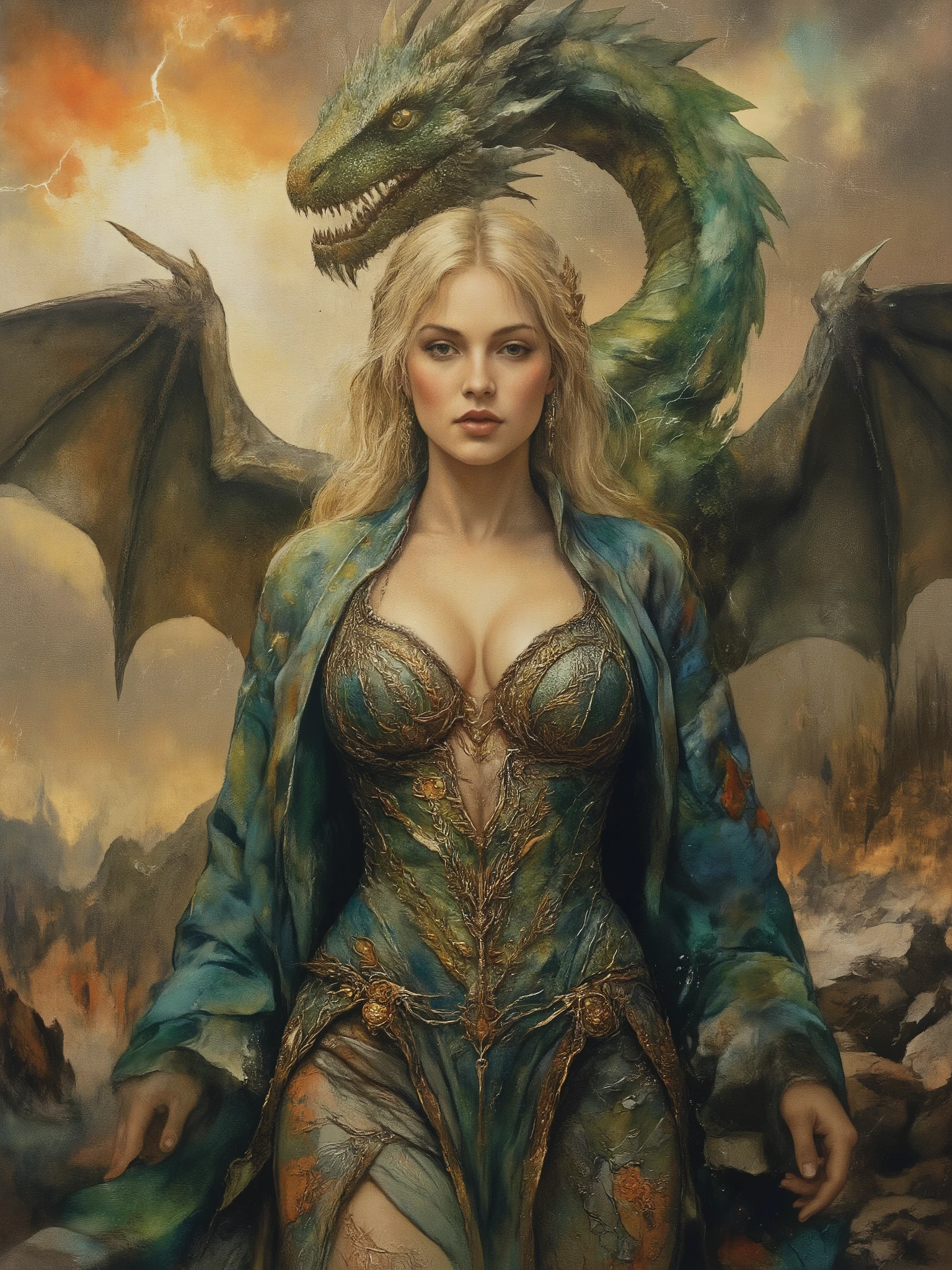 masterpiece, surreal landscape, painting style with watercolor, brush strokes, black eyes, colorful, vibrant colors, ultra hot gorgeous early 20's curvy European woman with sensational hourglass body, she is a tamer of dragons and a powerful witch, a beautiful young emerald wyrm is behind her in all his young draconic glory, wings spread framing her beauty, blonde hair, semi-real composition, dynamic sensual depiction, woman with long flowing blonde hair, dramatic surreal setting, searching look on her face, elaborate teal garment with intricate patterns and embroidery, open front exposing large heaving cleavage, deep valley between her full round breasts, hardened nipples visible through thin fabric, healthy tan skin to waist in V-shape, glistening with perspiration, flushed cheeks, slightly parted moist lips, breathing heavily with desire, garment slipping off one shoulder revealing smooth skin, tight fabric clinging to her curves, rocky landscape, moody atmosphere, jagged stones, rugged natural environment like battleground of ancient gods and primeval titans, vibrant sunset, warm hues of orange and yellow, sharp bolts of lightning in clouds, interplay of light and shadow, mystique, erotic tension, drama