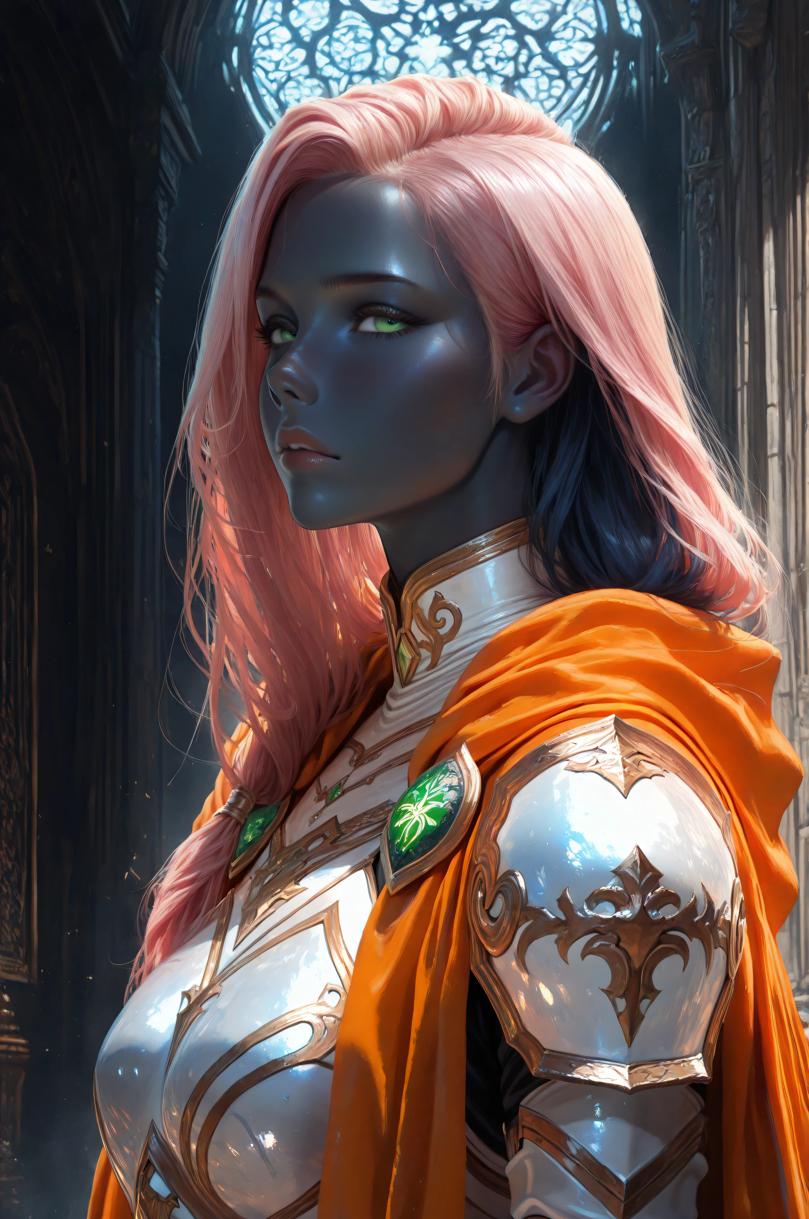 femillustration,aidmaMJ6.1,fantasy portrait  art, dnd art, RPG art, wide shot, (masterpiece: 1.4) intense details, highly detailed, photorealistic, best quality, highres, portrait a female (fantasy art, Masterpiece, best quality: 1.3) ((dark blue skin: 1.5)), intense details facial details, exquisite beauty, (fantasy art, Masterpiece, best quality) cleric, (blue skinned: 1.3) female, (pink hair: 1.3), long hair, ((no ears: 1.5)), (green eyes: 1.3), casting yellow radiant spell, wearing heavy (white armor: 1.3), wearing high heeled boots, wearing an (orange cloak:1.3), wearing glowing holy symbol, within fantasy temple background, reflection light, high details, best quality, 16k, [ultra detailed], masterpiece, best quality, (extremely detailed), close up, ultra wide shot, photorealistic, RAW, fantasy art, dnd art, fantasy art, realistic art,((best quality)), ((masterpiece)), (detailed), perfect face, art by 