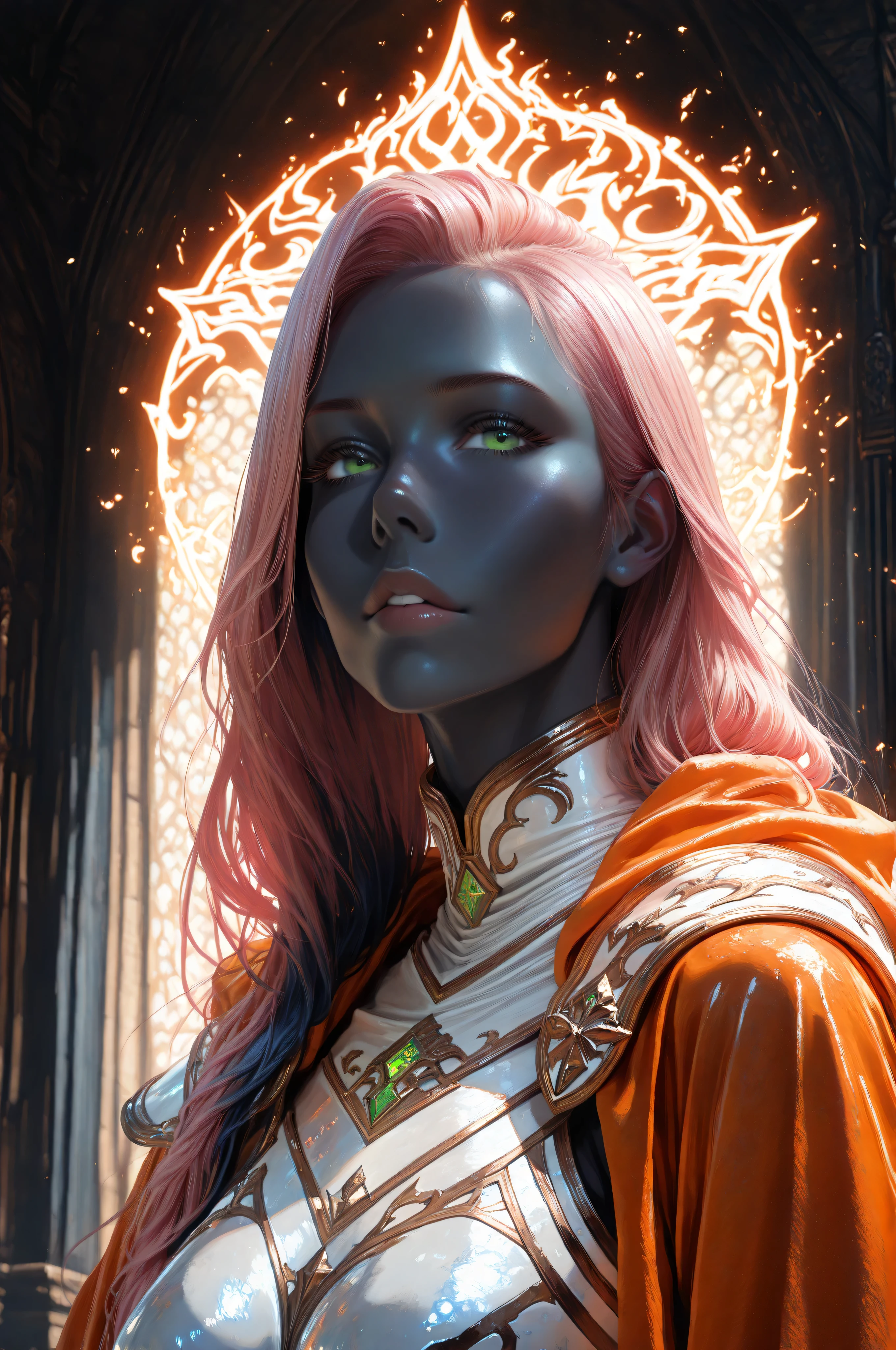 femillustration,aidmaMJ6.1,fantasy portrait  art, dnd art, RPG art, wide shot, (masterpiece: 1.4) intense details, highly detailed, photorealistic, best quality, highres, portrait a female (fantasy art, Masterpiece, best quality: 1.3) ((dark blue skin: 1.5)), intense details facial details, exquisite beauty, (fantasy art, Masterpiece, best quality) cleric, (blue skinned: 1.3) female, (pink hair: 1.3), long hair, ((no ears: 1.5)), (green eyes: 1.3), casting yellow radiant spell, wearing heavy (white armor: 1.3), wearing high heeled boots, wearing an (orange cloak:1.3), wearing glowing holy symbol, within fantasy temple background, reflection light, high details, best quality, 16k, [ultra detailed], masterpiece, best quality, (extremely detailed), close up, ultra wide shot, photorealistic, RAW, fantasy art, dnd art, fantasy art, realistic art,((best quality)), ((masterpiece)), (detailed), perfect face, art by 