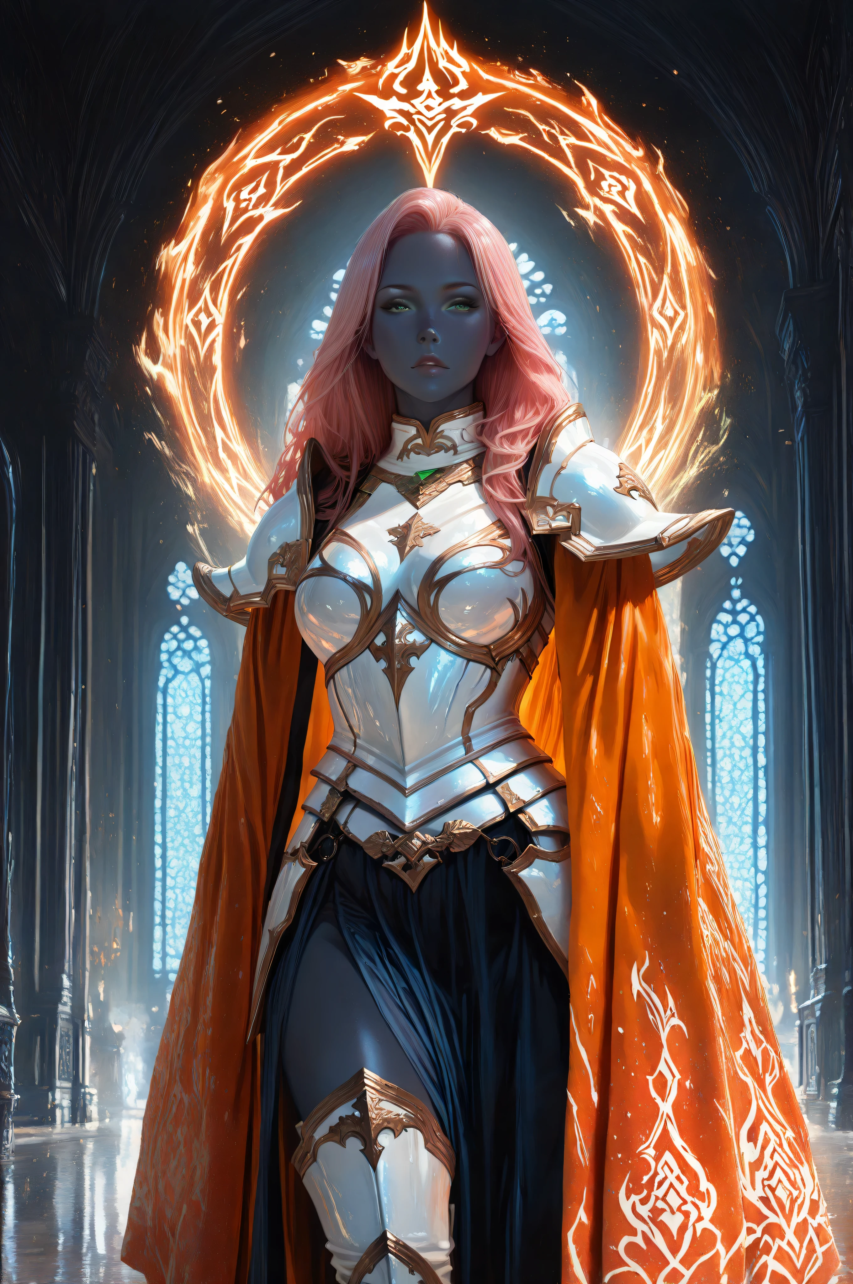 femillustration,aidmaMJ6.1,fantasy portrait  art, dnd art, RPG art, wide shot, (masterpiece: 1.4) intense details, highly detailed, photorealistic, best quality, highres, portrait a female (fantasy art, Masterpiece, best quality: 1.3) ((dark blue skin: 1.5)), intense details facial details, exquisite beauty, (fantasy art, Masterpiece, best quality) cleric, (blue skinned: 1.3) female, (pink hair: 1.3), long hair, ((no ears: 1.5)), (green eyes: 1.3), casting yellow radiant spell, wearing heavy (white armor: 1.3), wearing high heeled boots, wearing an (orange cloak:1.3), wearing glowing holy symbol, within fantasy temple background, reflection light, high details, best quality, 16k, [ultra detailed], masterpiece, best quality, (extremely detailed), close up, ultra wide shot, photorealistic, RAW, fantasy art, dnd art, fantasy art, realistic art,((best quality)), ((masterpiece)), (detailed), perfect face, art by 