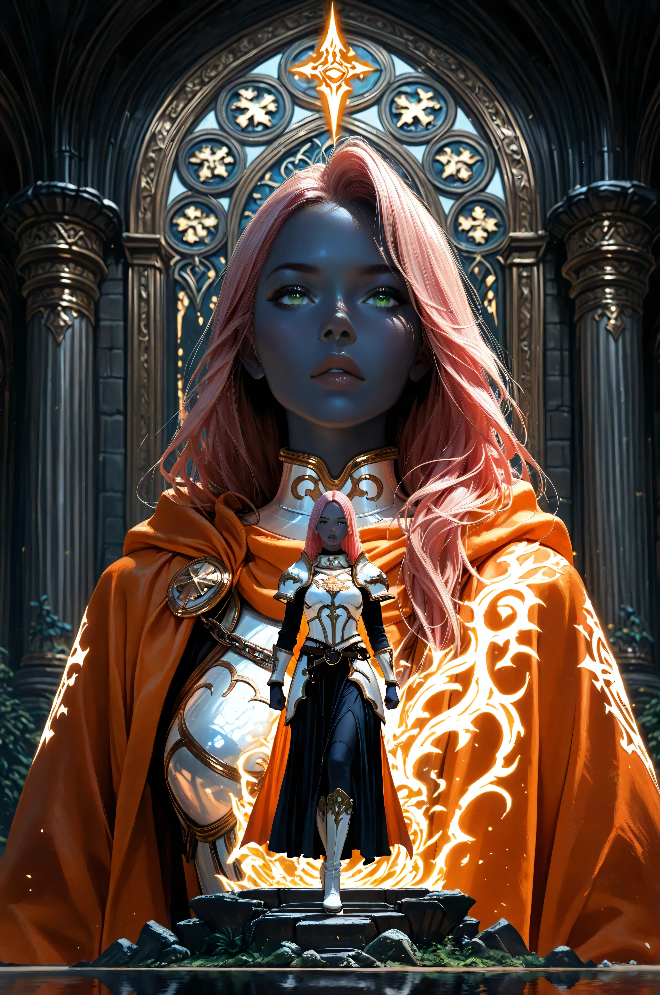 femillustration,aidmaMJ6.1,fantasy portrait  art, dnd art, RPG art, wide shot, (masterpiece: 1.4) intense details, highly detailed, photorealistic, best quality, highres, portrait a female (fantasy art, Masterpiece, best quality: 1.3) ((dark blue skin: 1.5)), intense details facial details, exquisite beauty, (fantasy art, Masterpiece, best quality) cleric, (blue skinned: 1.3) female, (pink hair: 1.3), long hair, ((no ears: 1.5)), (green eyes: 1.3), casting yellow radiant spell, wearing heavy (white armor: 1.3), wearing high heeled boots, wearing an (orange cloak:1.3), wearing glowing holy symbol, within fantasy temple background, reflection light, high details, best quality, 16k, [ultra detailed], masterpiece, best quality, (extremely detailed), close up, ultra wide shot, photorealistic, RAW, fantasy art, dnd art, fantasy art, realistic art,((best quality)), ((masterpiece)), (detailed), perfect face, art by 