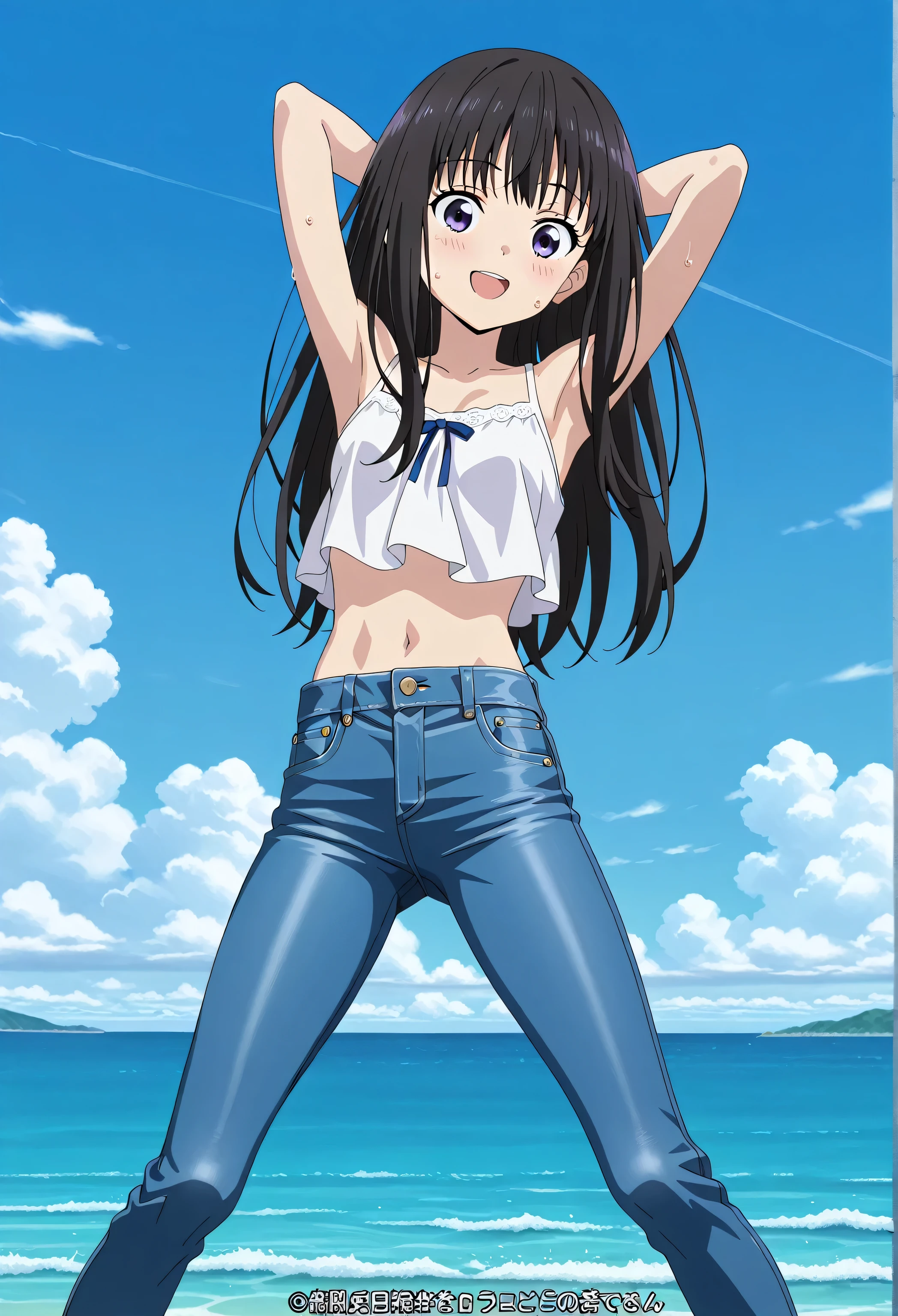 score_9, score_8_up, score_7_up, source_anime, highres, hi res, ((best quality, top quality, perfect quality, Highest Quality, amazing quality)), {{masterpiece}}, {{an extremely delicate and beautiful}}, 2d, intricate details, official style, anime, 8k, anime style, official_anime, official art, digital painting, cell shading, soft shading, high resolution, soothing tones, Subdued Color, Soft cinematic light, adobe lightroom, photolab, HDR, intricately and hyper-detailed, ((high quality animation)), 1 girl, Alone, solo, ((ocean)), tsunami, on the water, day, sunny, outdoors, sky, inoue takina, long hair, bangs, black hair, purple eyes, anime screencap, small breasts, white camisole top, crop top, white crop top, best quality, hyper-detailed jeans, ((blue jeans:1.9)), (dark blue jeans:0.6), full medium body, medium shot, Open mouth, smiling, happy face, blush, sweat, standing, ((arms behind head:6.0)), bowlegged, jumping pose, action, looking at viewer, spread legs, Bend knees slightly, straight-on front view