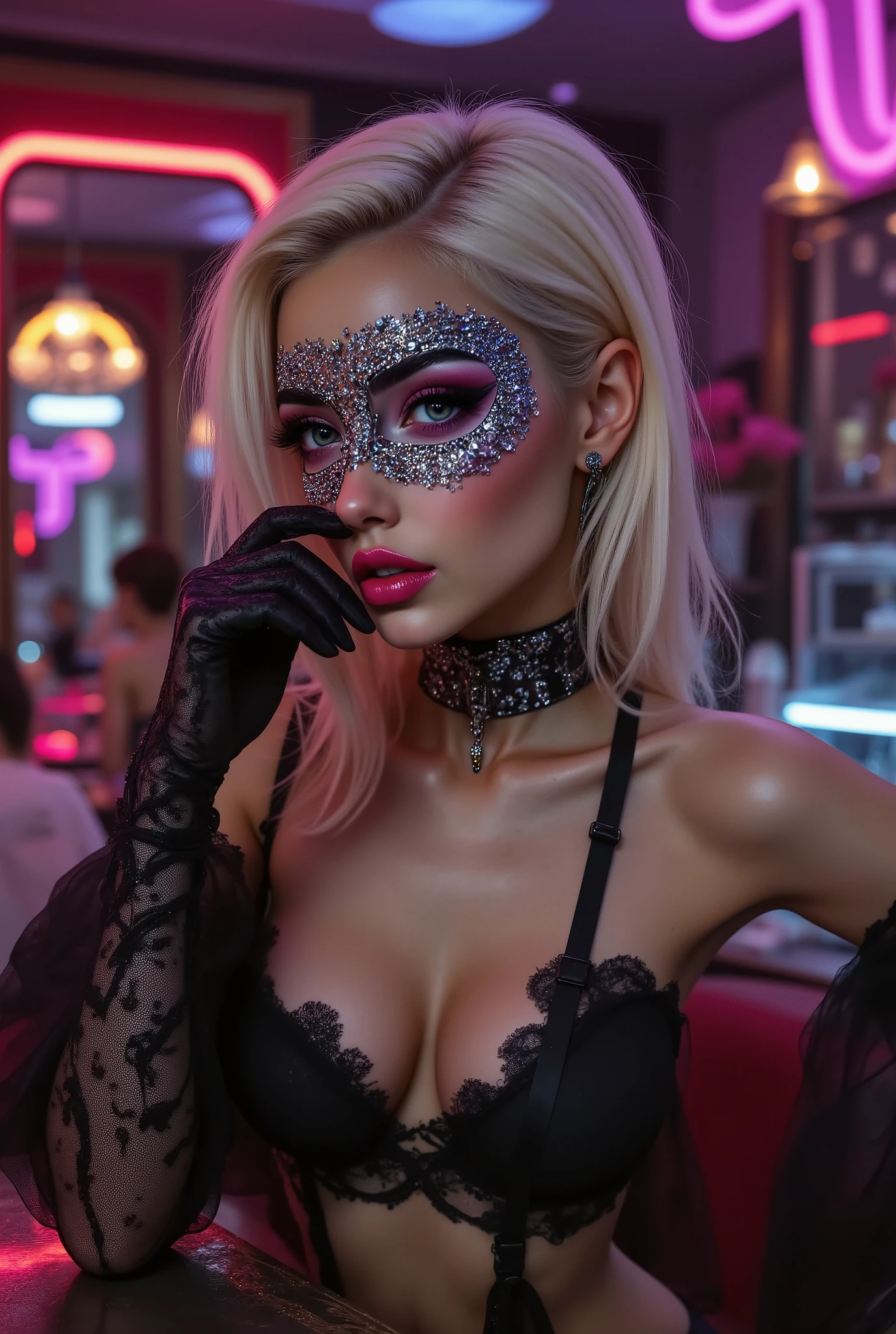  A woman getting ready for a masquerade ball, Put on the mesh eye mask you wear to a masquerade ball, [A mask with beautiful glittering decorations, Put on the mask], [I see women, Hands and ((firm and full breasts:1.4)) are shown], Illustration of a masquerade ball, Expressive details, Artilove blow style, [Bar scene] , Ultra-realistic (photorealistic Realism), (ultra realistic texture details: velvety skin, hair), (Key Directive: - "The priority is the anatomical accuracy and texture of the materials" - "Ultra-sharp human eyes with biological accuracy"). "((not blurry eyes, high resolution, Realistic brown eyes:1.4), intricate details:1.3),(extremely fine details eyes)" wearing makeup: - "(professional pink_makeup:1.2),(Thin eyebrows),Carefully draw Long eyelashes:1.2,((perfect purple eyeshadows:1.4)),detailed lips:1.3,(apply glossy neon_pink_lipstick:1.35)" beautiful cheekbones, [dark blonde hair (hair, slicked to one side) intricately details)] (Post-Processing: - "Frequency separation for skin vs eye details" - "Selective sharpening: eyes200% , hair150%"- "shiny skin floats below the waist"nail/[black see-through gloves & elegant mesh gloves], "white teeth, oiled skin. no blur sharp focus on all body" 