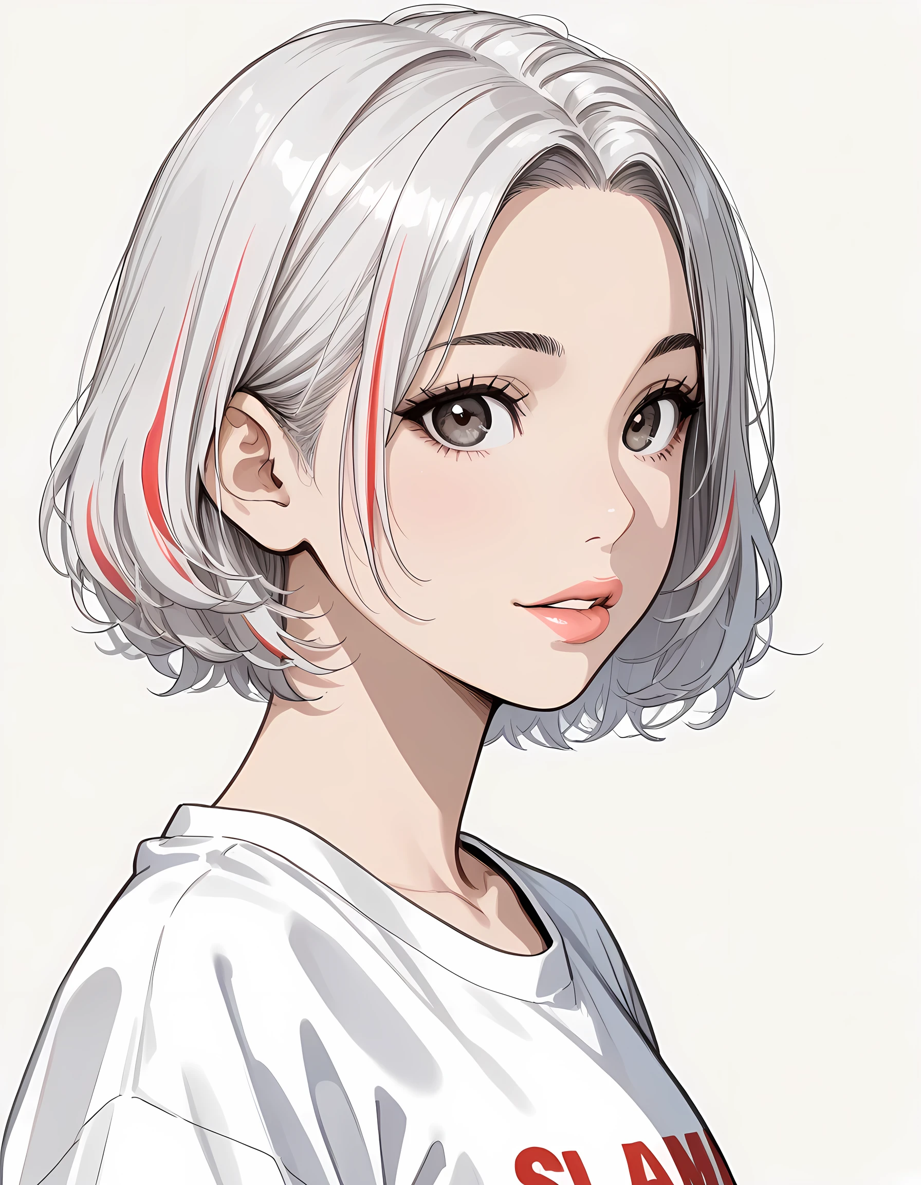 sideview,solo,girl,white frizzy+ spiky+ wavy short hair,parted bangs,white color streaked gray hair,t-shirts,natural cosmetic,adult cute face,full lips,(lineart),sketch,slam dunk style,mono,(looking at viewer:1.3),white background,manga style