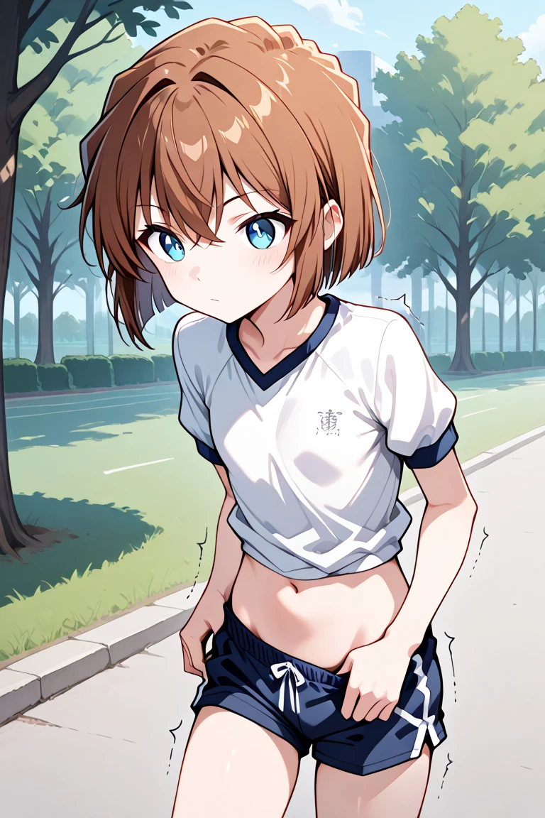 score_9, score_8_up, score_7_up, source_anime BREAK 1girl, Moemi, cowboy shot, hetero, 1girl, solo, female focus, short hair, brown hair, hairclip, green eyes, looking at viewer, blush, smile, standing, small , perky , hands behind back, hidden hands, yellow shirt, bike shorts, outdoors, park, night, rating_questionable