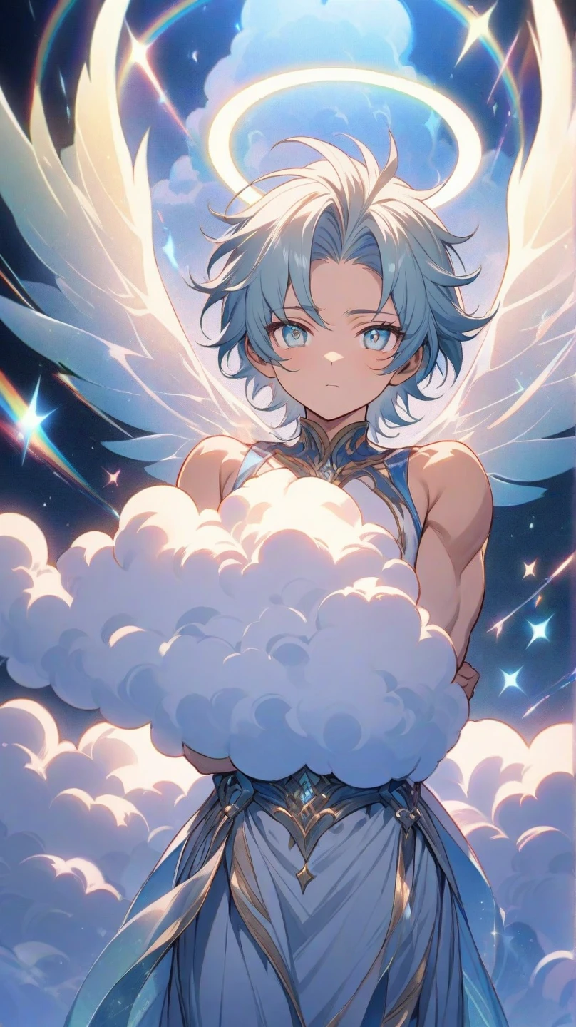 4k resolution, (Masterpiece:1), A small boy with vibrant, iridescent, cyan eyes and feet, arms raised in a triumphant pose, evoking an epic, cinematic feel. (Young:1.4), (Child:1.4), (:1.4), (Male:1.4), (Boy:1.4), adorned in royal clothes fit for a king, evoking a sense of Royalty (1.4). The image focuses on his small, blushing feet, adding a touch of innocence and vulnerability to his epic posing. (Posing:1.4), (Cinematic:1), killua zoldyck
