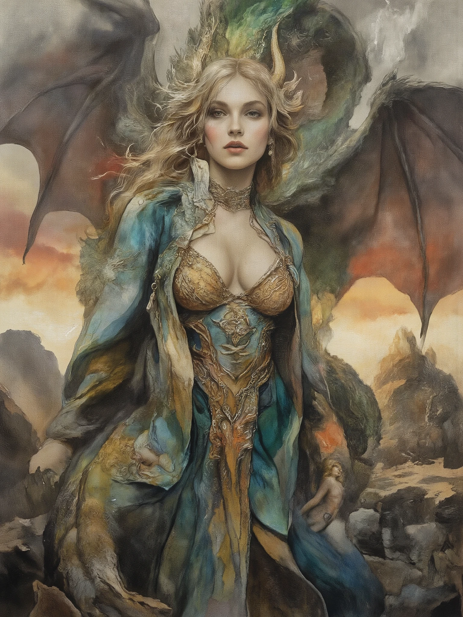 masterpiece, surreal landscape, painting style with watercolor, brush strokes, black eyes, colorful, vibrant colors, ultra hot gorgeous early 20's curvy European woman with sensational hourglass body, she is a tamer of dragons and a powerful witch, a beautiful young emerald wyrm is behind her in all his young draconic glory, wings spread framing her beauty, blonde hair, semi-real composition, dynamic sensual depiction, woman with long flowing blonde hair, dramatic surreal setting, searching look on her face, elaborate teal garment with intricate patterns and embroidery, open front exposing large heaving cleavage, deep valley between her full round breasts, hardened nipples visible through thin fabric, healthy tan skin to waist in V-shape, glistening with perspiration, flushed cheeks, slightly parted moist lips, breathing heavily with desire, garment slipping off one shoulder revealing smooth skin, tight fabric clinging to her curves, rocky landscape, moody atmosphere, jagged stones, rugged natural environment like battleground of ancient gods and primeval titans, vibrant sunset, warm hues of orange and yellow, sharp bolts of lightning in clouds, interplay of light and shadow, mystique, erotic tension, drama