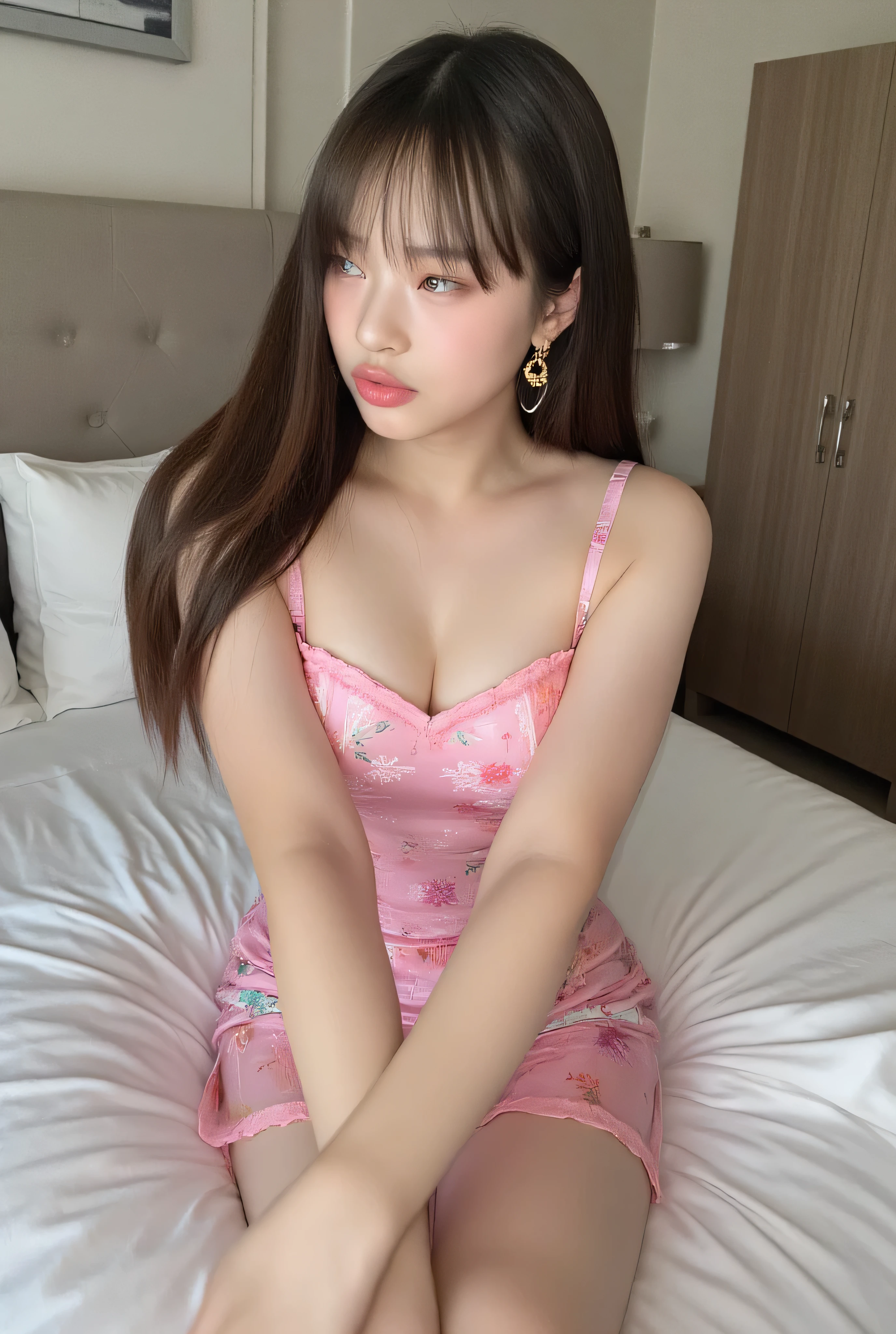 8K, RAW Photos, Fujifilm, Beautiful 20 year old woman style photo, (((Gray Hair:1.3,美しいGray Hairのストレートヘアー、シルキーなGray Hair)))、(((pink cheongsam qipao lingerie:1.5,))) large Gold earrings, (Highly detailed skin: 1.2), Light medium brown hair, Film Grain, 35mm, Cute Style、On the bed、、Open your mouth、Love Hotel、Scattered clothing、(thong underwear)、(((1 on all fours.5)))、Selfie with smartphone