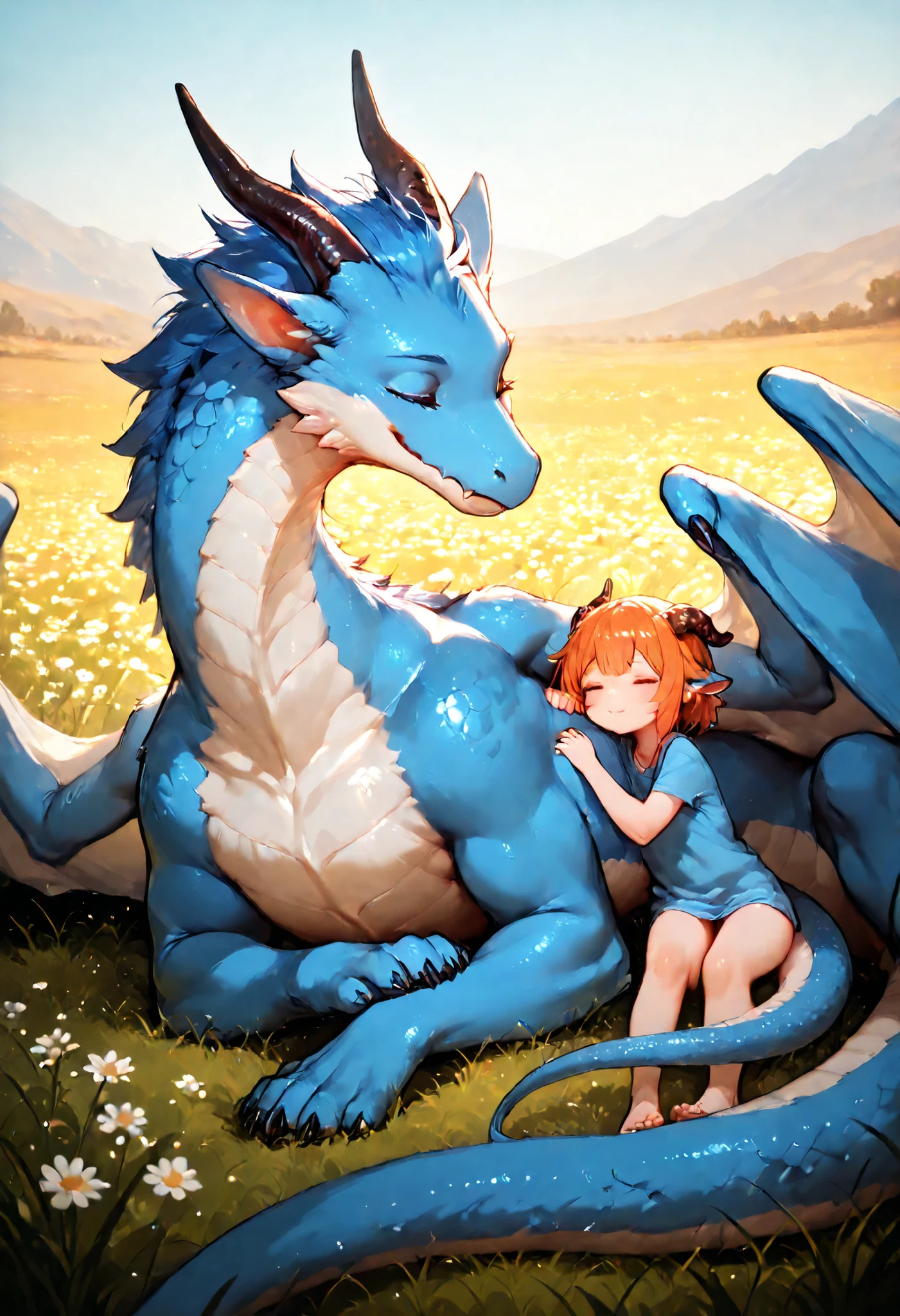 score_9, score_8_up, score_7_up, score_6_up, darra, furred dragon, white and blue fur, small closed wings, horns, tail, chest fluff, paws, fangs, ton back, faded blue eyes, size difference, hugging human, masterpiece, 8k, Highest Quality, detail, high resolution, Digital Painting, ultra detailed, desert enchantress, anime style, cute girl with alluring eyes, (detailed eyes:1.2), (sharp eyes:1.1), (smooth skin:1.1), (shiny skin:1.2), (fine face details:1.1), 1 girl, tender scene of anime girl with dragon's head resting peacefully on her lap, intimate composition focusing on their connection, detailed female protagonist with gentle smile and caring expression, casual comfortable outfit with soft fabrics in pastel colors, delicate hands softly petting dragon's head with visible affection, extraordinarily detailed face showing nurturing expression and complete comfort with massive creature, magnificent dragon with head perfectly positioned across girl's lap showing absolute trust, dragon's eyes closed in contentment with visible relaxation in facial muscles, meticulously rendered scales with perfect detail showing different textures across dragon's face and head, dragon's body curled protectively around the girl in peaceful resting position, serene meadow setting with soft grass and scattered wildflowers, warm afternoon lighting creating gentle highlights and soft shadows across both figures, perfect focus on both characters with subtle background blur for emphasis, emotional storytelling through body language and facial expressions, 8k ultra-detailed rendering emphasizing the contrast between delicate girl and powerful dragon, composition centered on the physical connection between human and mythical creature