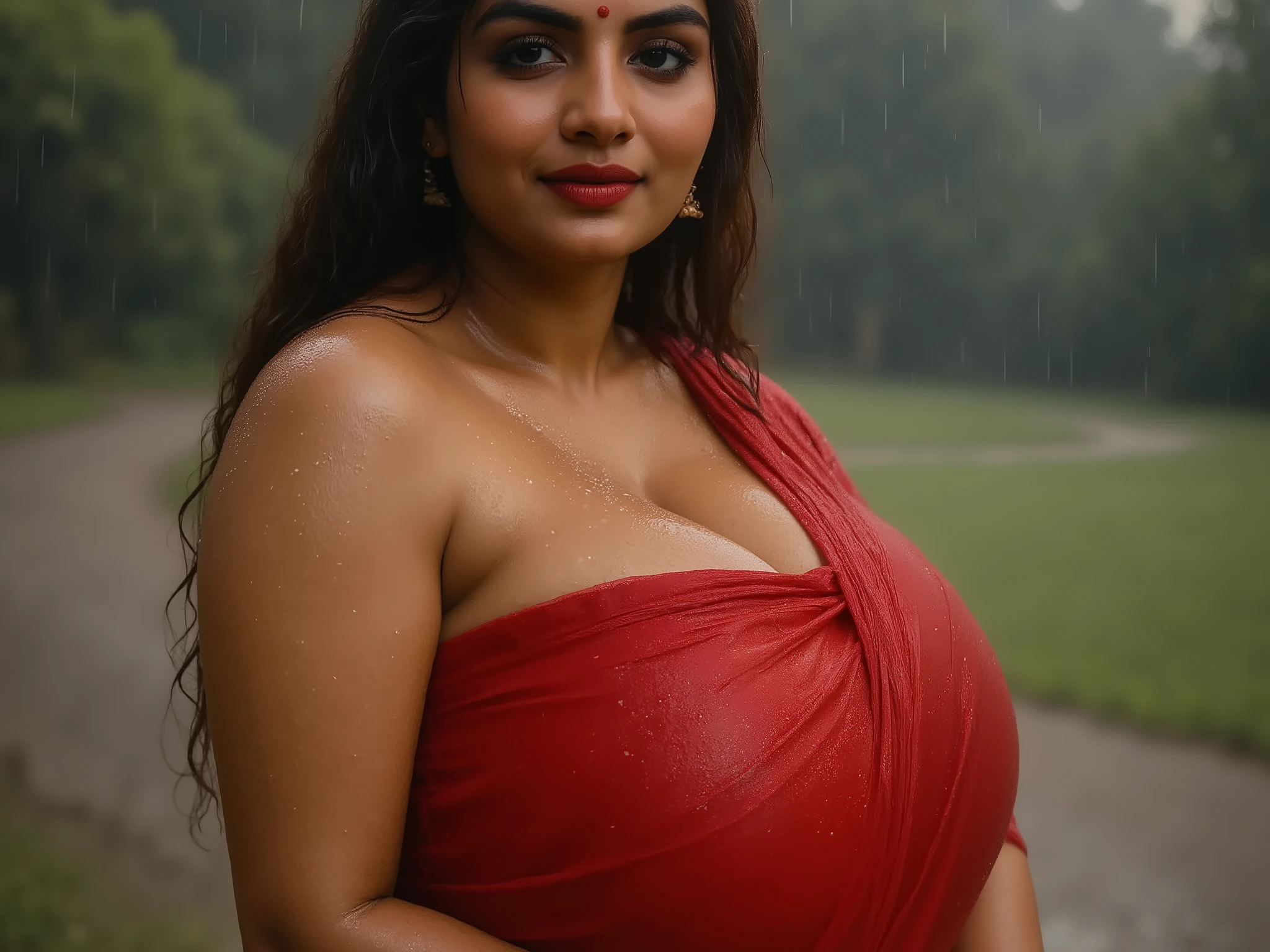 Busty indian curvy slim women in transparent white saree red blouse ,sitting in rain and breast feeding a baby side profile