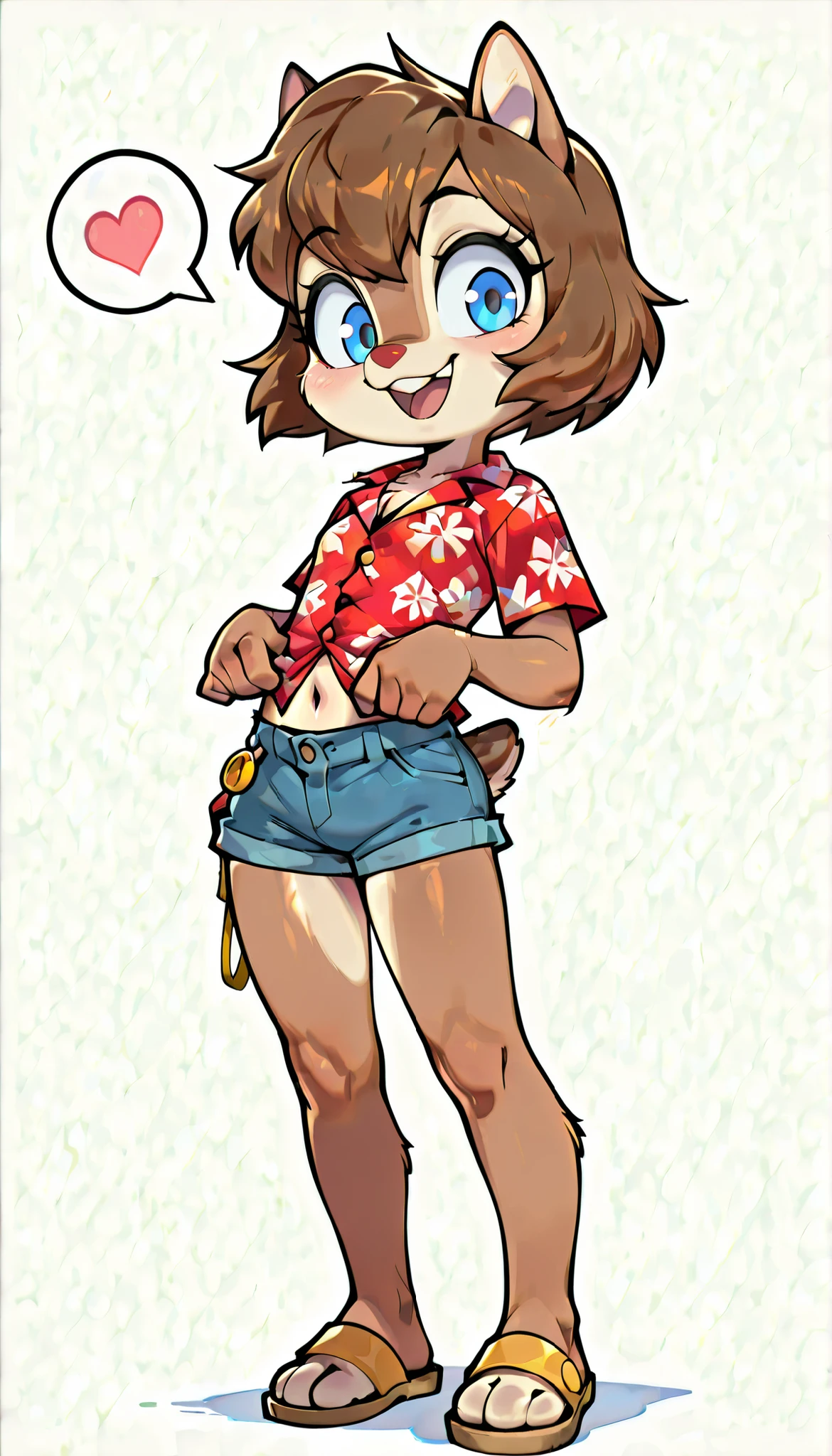 score_9, score_8_up, score_7_up, score_6_up,, hi_res, furry_source, absurdres, masterpiece, best quality, amazing quality, Chip'n Dale Rescue Rangers, 1girl, solo, alone, Femdale, furry, anthro, chipmunk girl, brown fur, blue eyes, chipmunk tail, red nose, brown hair, short hair, bangs, short body, short stature, ((red hawaiian shirt, claveage, one button fastened, denim shorts, sandals)), small breasts, navel, (very skinny:1.0), (Small, Short:1.1), (young cub:1.2), full body, feets with three toes, spread buckteeth, white background, simple background, adorable pose, standing, spoken heart, smile, open mouth, seductive stare,