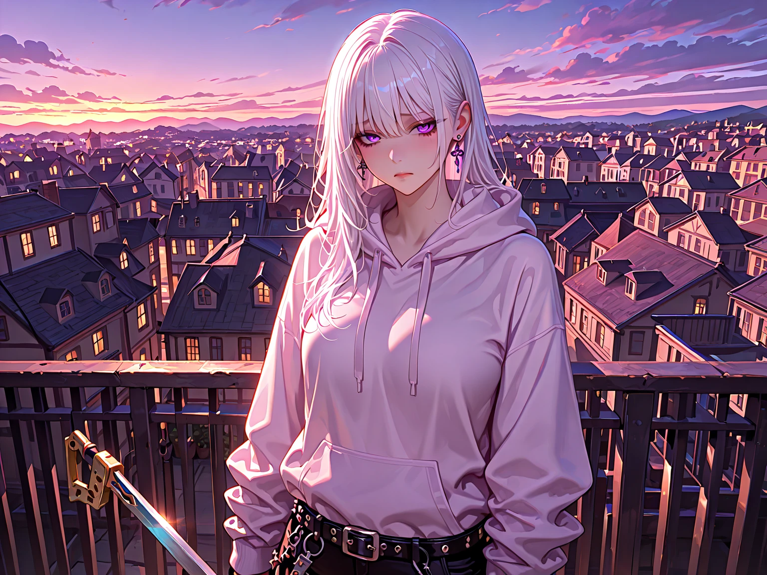 1female, sexy, young adult, dark skin, finely detailed plum eyes, wild medium hair, seashell white hair color, crop top oversized hoodie, baggy pants, standing on building, day time, tokyo streets, somber expression, tattoos, wisteria flowers, scars