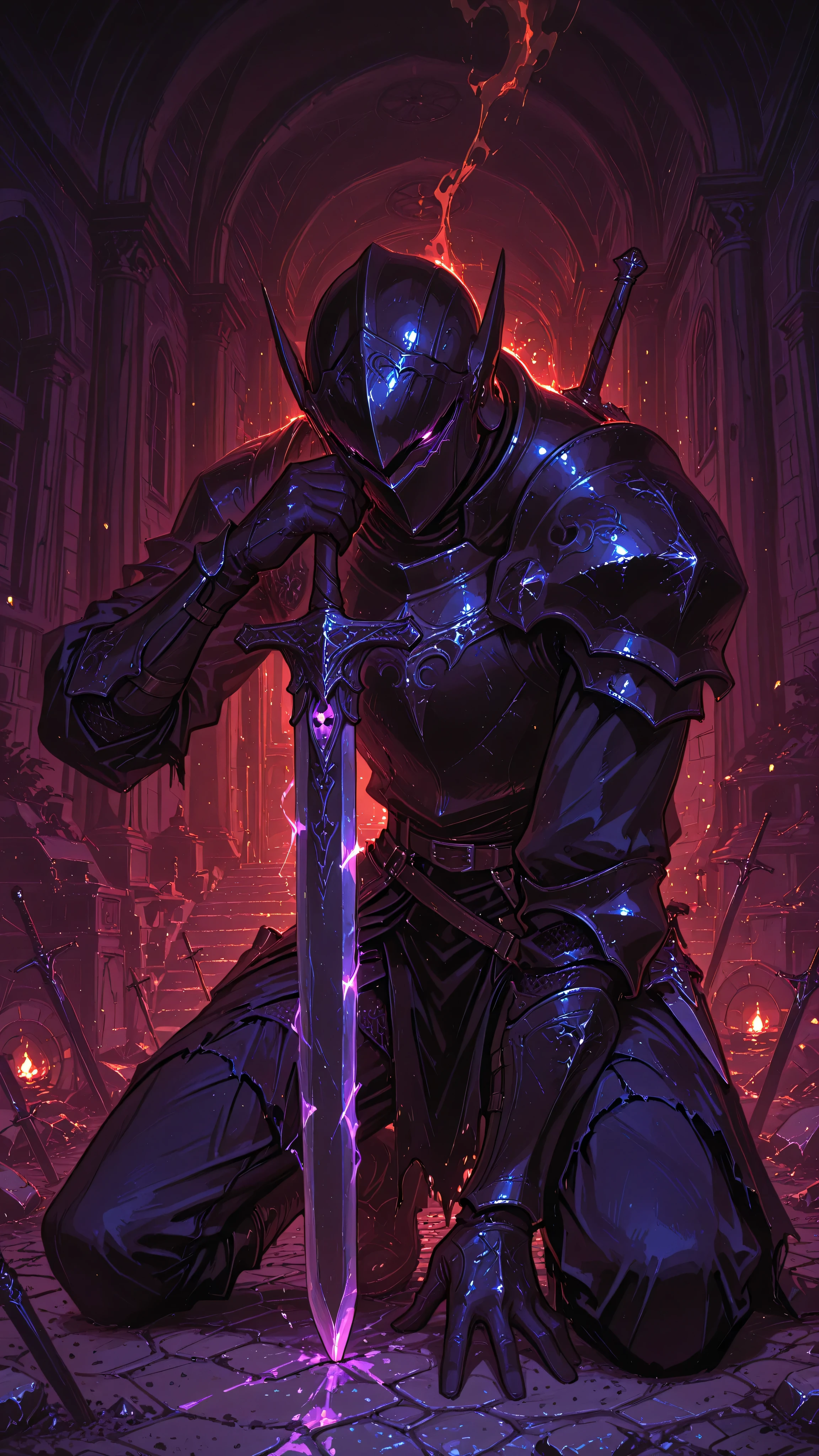 masterpiece, best quality, anime artwork, 1boy, solo, a dark knight in black ornate armor kneeling. Corrupted red and purple energy seeps from cracks in his armor and glows from his helmet's visor. He grips his sword tightly. Dark fantasy setting, smoky atmosphere, internal struggle, style of Berserk and Dark Souls, vertical composition