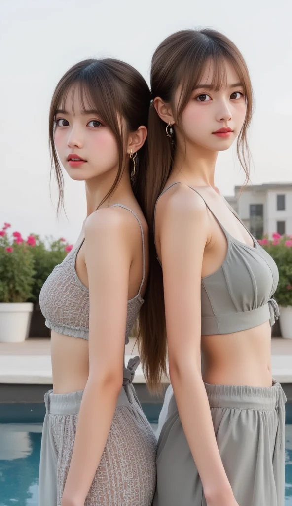 (lifelike, realistic, high resolution:1.3), 1 fille avec un corps parfait, Super fine face and eyes,Longhaire,pigtails, Very tight tank top in random colors:1.2, jupe courte, huge , Exposer le décolleté, grain de beauté sur sein droit