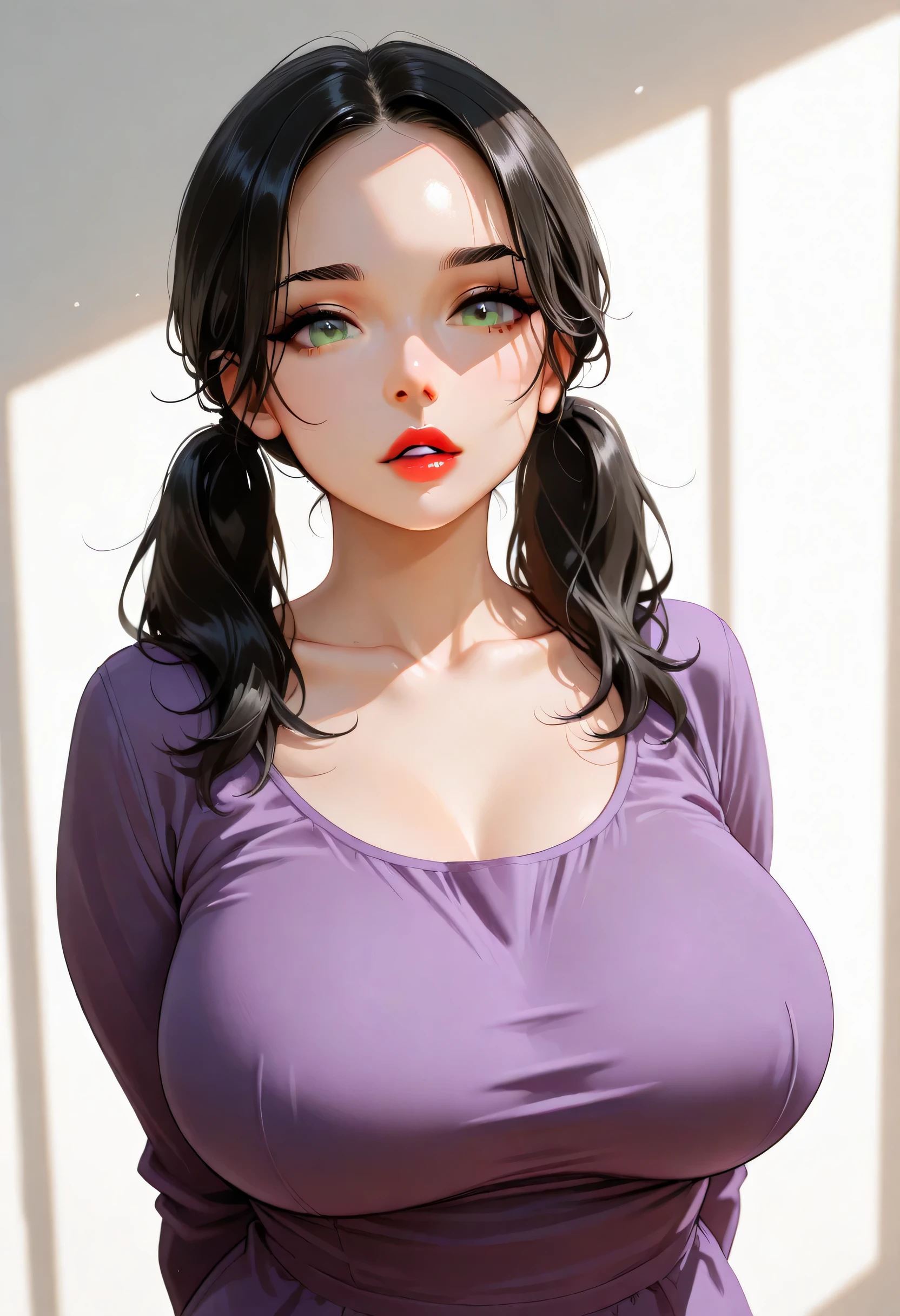 perfect face, black hair, twintails hair, forehead, black thin eyebrows, green eyes, nose, lips, red lips, parted lips, collarbone, big breasts, purple shirt, arms behind back, looking at viewer