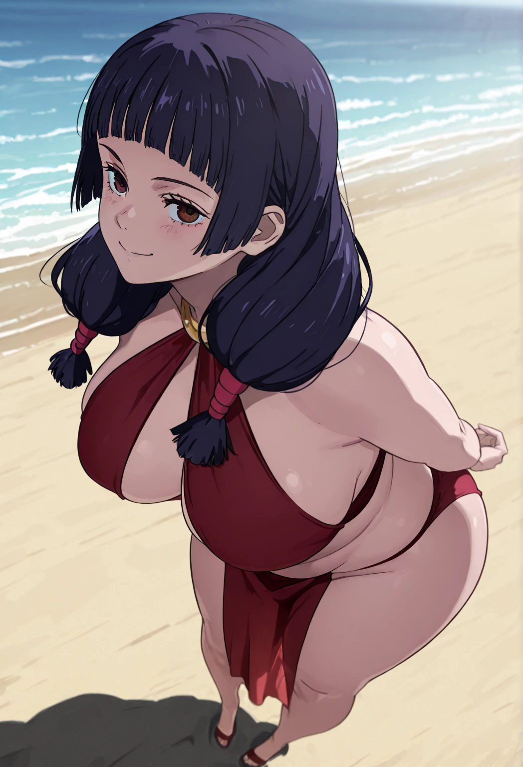 masterpiece, detailed, akntsusmr artstyle, 1girl, solo, akanenanao, mizugixx outfit, blush, smile, short hair, bangs, blue eyes, hair ornament, thighhighs, ribbon, cleavage, hair between eyes, swimsuit, hair ribbon, ponytail, red hair, sweat, outdoors, shoes, hairclip, huge breasts, high heels, one-piece swimsuit, pubic hair, covered navel, pussy juice, cameltoe, white footwear, fishnets, partially visible vulva, highleg swimsuit, fishnet thighhighs, standing, (full body), beach, sea, sky, clouds, looking at viewer, <lora:akanenanao-nai_illustrious:1>