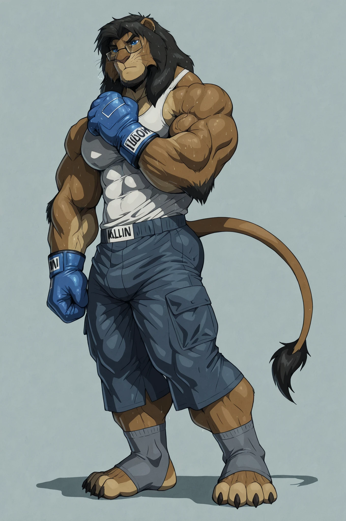 Full body, anthro (lion), male, feline, adult, solo, athletic build, heavybuilder, tall, muscles, broad chest, big paws, paws, correct anatomy, tail, grey fur, (short) black mane, (high quality ultradetailed:1 blue eyes), noetic face, masculine:, (adult), prescription glasses, (white tanktop) dark blue boxing gloves, dark blue shorts, looking at viewer, simple background,