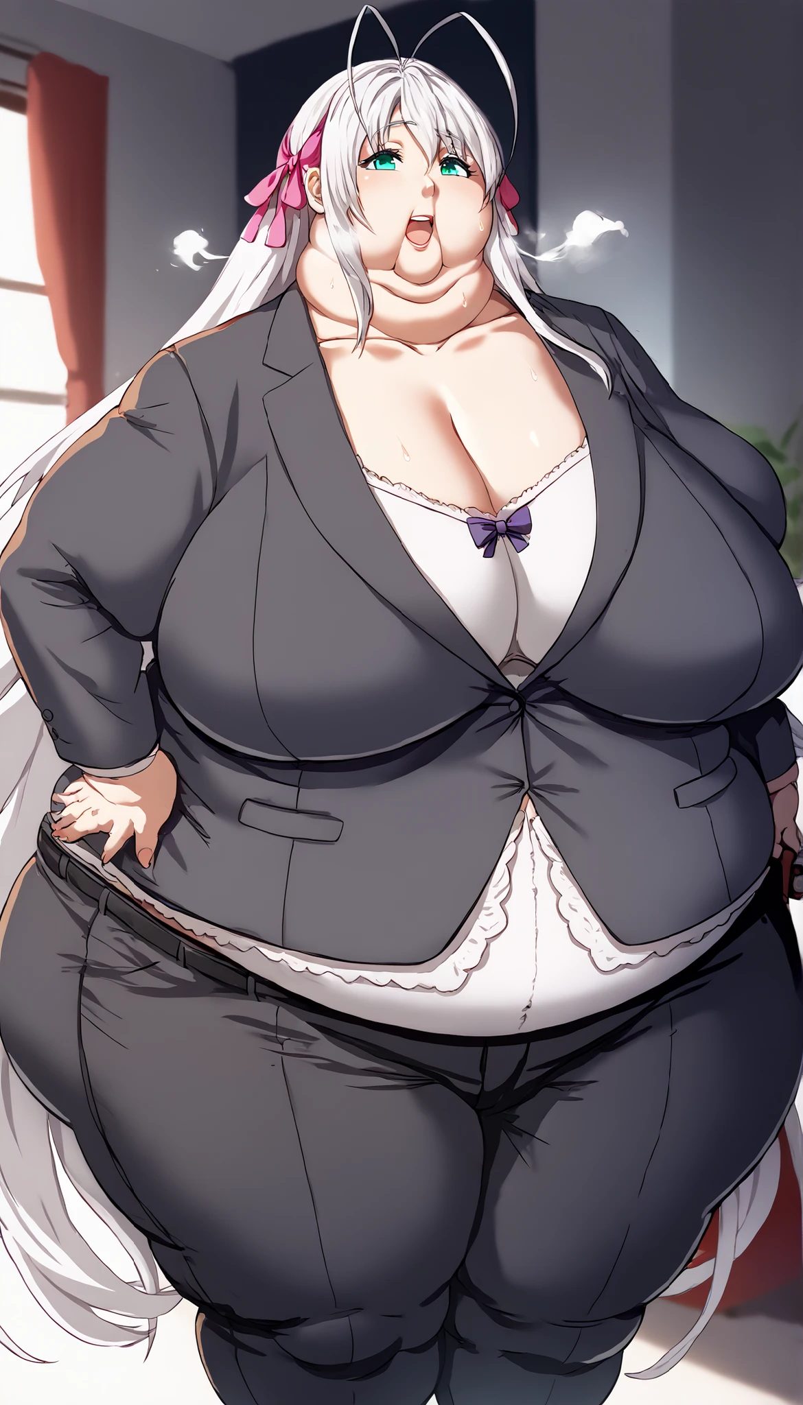 score_9, score_8_up, score_7_up, score_6_up, source_anime, 1girl, solo dxdRos, white hair, antenna hair, very long hair, cyan eyes, hair ribbon, black suit, formal, collarbone, black pants, (huge breasts:0.8),, pretty beautiful mature old cute curvy slut bbw female woman sexy, chubby ,big hairy milf big, cute, chubby, Obese, huge arms and legs, BBW、big chest wide open mouth, shortness of breath、sweat, puffy cheek