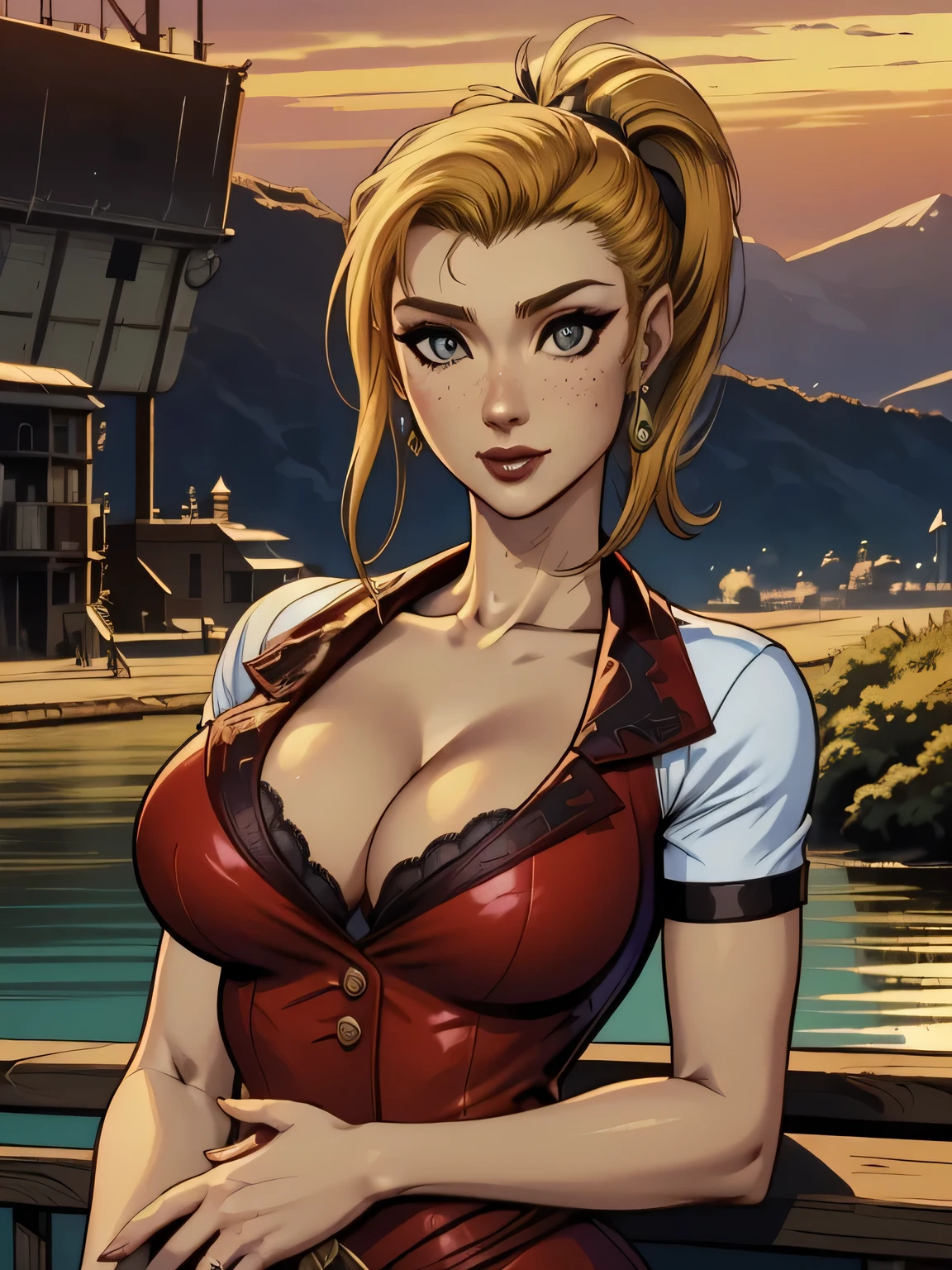 ( linhas absurdas, high definition, ultra fino,  be careful with your hand ) Close-up of a thin woman,  busty and athletic  (Scarlett Final Fantasy), 25 anos, 16k (( high definition )), sorriso lindo, olhar sedutor (( looking at the viewer )), olhos verdes, wearing a red latex t-shirt (( V-neck with buttons and short sleeves )), cintura fina, cinto preto, red latex skirt, arms on the sides of her body, pele branca, (( long yellow hair,  with a ponytail and fringes )), She is alone on a bridge over a river (( upper body, From waist to head, vista lateral 3.4 )), with freckles on the neck and breasts, (( seios grandes, redondos e suados 3.4 )), (( Well defined collarbone )). estilo cartoon (( QG )), Urban scenery with sunset in the background.