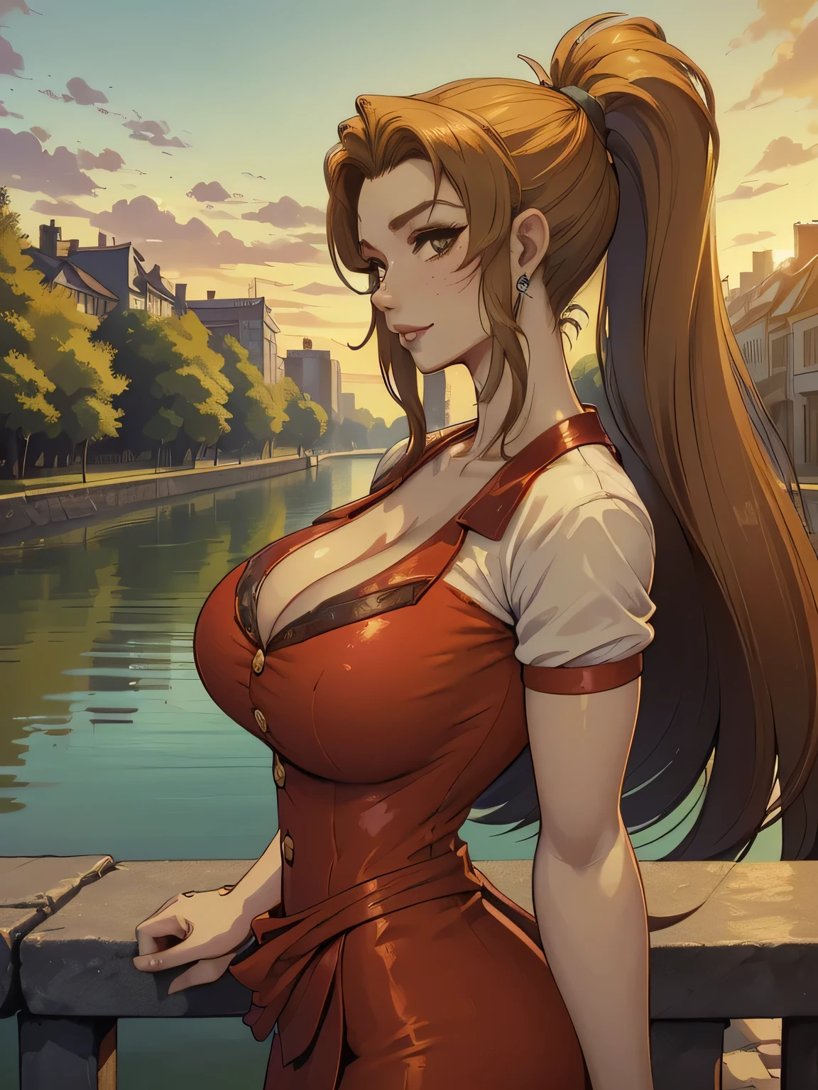 ( linhas absurdas, high definition, ultra fino,  be careful with your hand ) Close-up of a thin woman,  busty and athletic  (Scarlett Final Fantasy), 25 anos, 16k (( high definition )), sorriso lindo, olhar sedutor (( looking at the viewer )), olhos verdes, wearing a red latex t-shirt (( V-neck with buttons and short sleeves )), cintura fina, cinto preto, red latex skirt, arms on the sides of her body, pele branca, (( long yellow hair,  with a ponytail and fringes )), She is alone on a bridge over a river (( upper body, From waist to head, side view 3.4 )), with freckles on the neck and breasts, (( seios grandes, redondos e suados 3.4 )), (( Well defined collarbone )). estilo cartoon (( QG )), Urban scenery with sunset in the background.