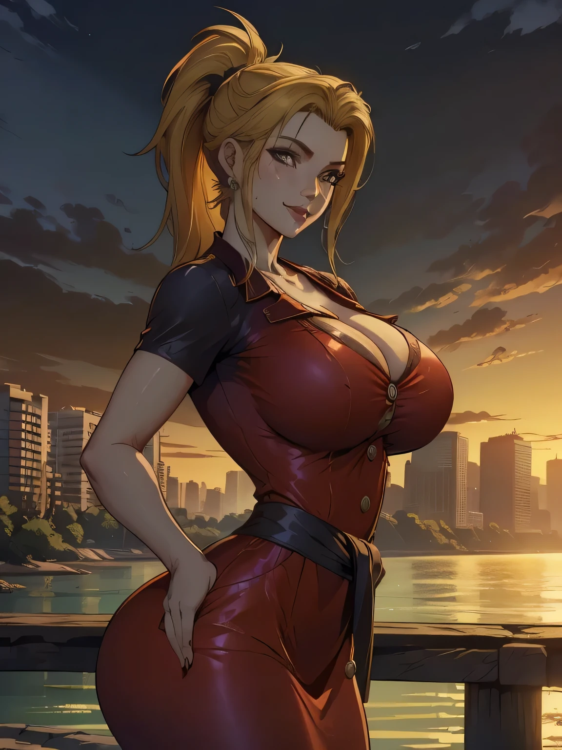 ( linhas absurdas, high definition, ultra fino,  be careful with your hand ) Close-up of a thin woman,  busty and athletic  (Scarlett Final Fantasy), 25 anos, 16k (( high definition )), sorriso lindo, olhar sedutor (( looking at the viewer )), olhos verdes, wearing a red latex t-shirt (( V-neck with buttons and short sleeves )), cintura fina, cinto preto, red latex skirt, arms on the sides of her body, pele branca, (( long yellow hair,  with a ponytail and fringes )), She is alone on a bridge over a river (( upper body, From waist to head, side view 3.4 )), with freckles on the neck and breasts, (( seios grandes, redondos e suados 3.4 )), (( Well defined collarbone )). estilo cartoon (( QG )), Urban scenery with sunset in the background.
