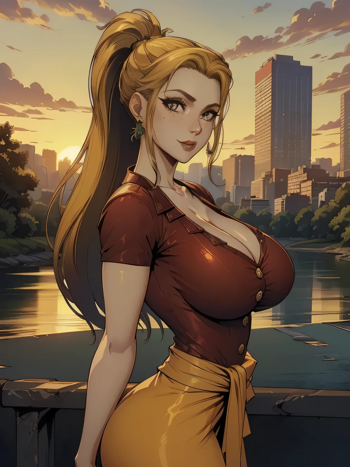 ( linhas absurdas, high definition, ultra fino,  be careful with your hand ) Close-up of a thin woman,  busty and athletic  (Scarlett Final Fantasy), 25 anos, 16k (( high definition )), sorriso lindo, olhar sedutor (( looking at the viewer )), olhos verdes, wearing a red latex t-shirt (( V-neck with buttons and short sleeves )), cintura fina, cinto preto, red latex skirt, arms on the sides of her body, pele branca, (( long yellow hair,  with a ponytail and fringes )), She is alone on a bridge over a river (( upper body, From waist to head, side view 3.4 )), with freckles on the neck and breasts, (( seios grandes, redondos e suados 3.4 )), (( Well defined collarbone )). estilo cartoon (( QG )), Urban scenery with sunset in the background.