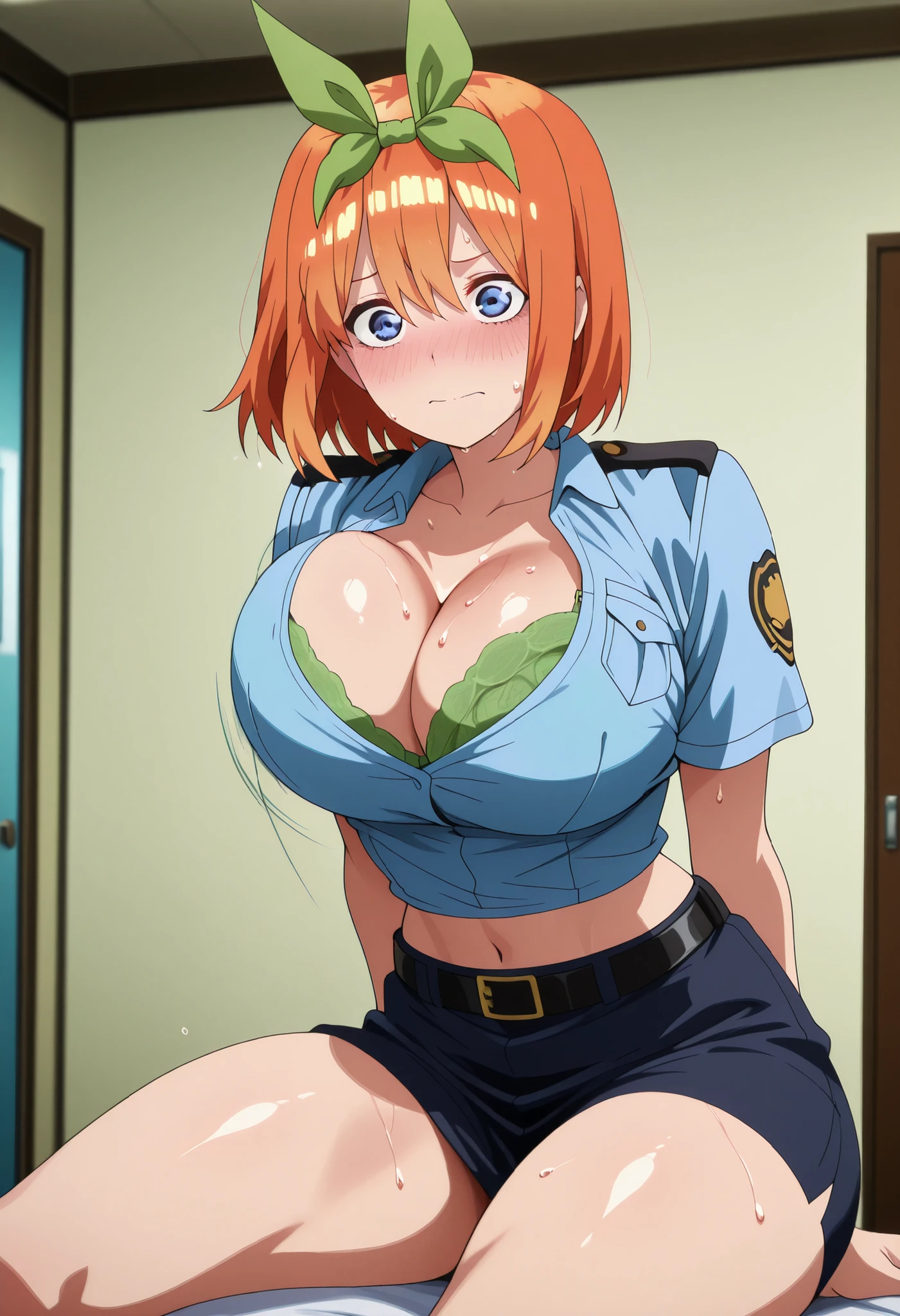 yotsuba nakano, bangs, short hair, blue eyes, hair between eyes, hair ribbon, hairband, orange hair, green ribbon, , anime screencap, shiny skin, shiny hair, shiny body, clear body, sweat, sweaty, sweaty:1.3, thick thigh, thick thighs, looking at viewer, nose blush,, cleavage, bursting , posing, pose, sweat, mature female, , anime screencap, cleavage, nice legs, bursting , bouncing , police, police uniform, posing, pose, bra peek, bra, navel, midriff, 