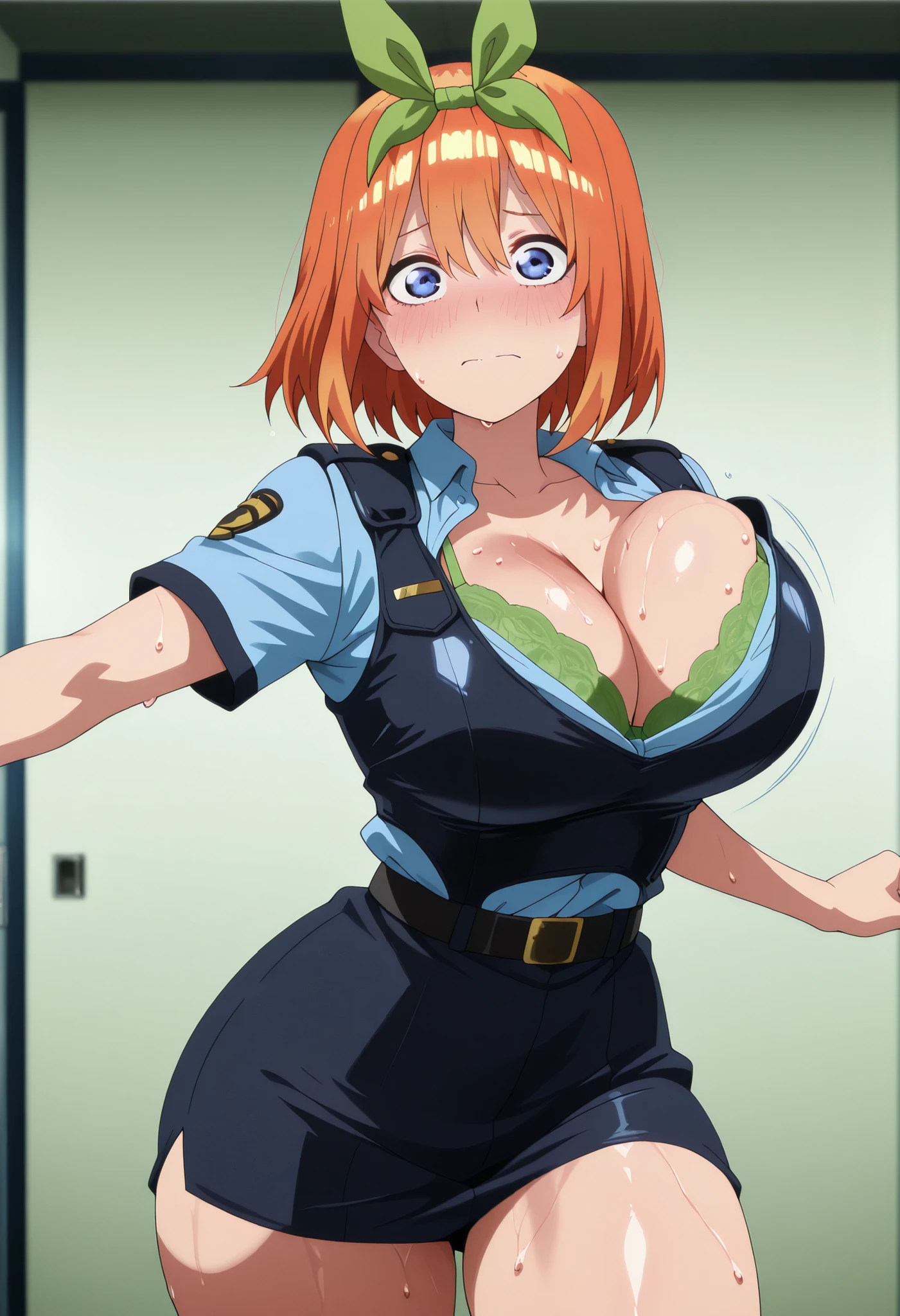 yotsuba nakano, bangs, short hair, blue eyes, hair between eyes, hair ribbon, hairband, orange hair, green ribbon, , anime screencap, shiny skin, shiny hair, shiny body, clear body, sweat, sweaty, sweaty:1.3, thick thigh, thick thighs, looking at viewer, nose blush,, cleavage, bursting , posing, pose, sweat, mature female, , anime screencap, cleavage, nice legs, bursting , bouncing , police, police uniform, posing, pose, bra peek, bra, navel, midriff, 