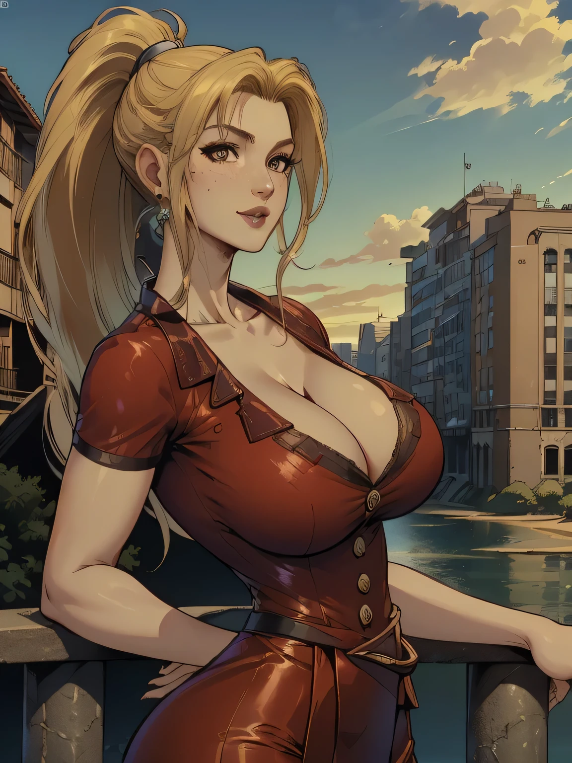 ( linhas absurdas, high definition, ultra fino,  be careful with your hand ) Close-up of a thin woman,  busty and athletic  (Scarlett Final Fantasy), 25 anos, 16k (( high definition )), sorriso lindo, olhar sedutor (( looking at the viewer )), olhos verdes, wearing a red latex t-shirt (( V-neck with buttons and short sleeves )), cintura fina, cinto preto, red latex skirt, arms on the sides of her body, pele branca, (( long yellow hair,  with a ponytail and fringes )), She is alone on a bridge over a river (( upper body, From waist to head, side view 3.4 )), with freckles on the neck and breasts, (( seios grandes, redondos e suados 3.4 )), (( Well defined collarbone )). estilo cartoon (( QG )), Urban scenery with sunset in the background.