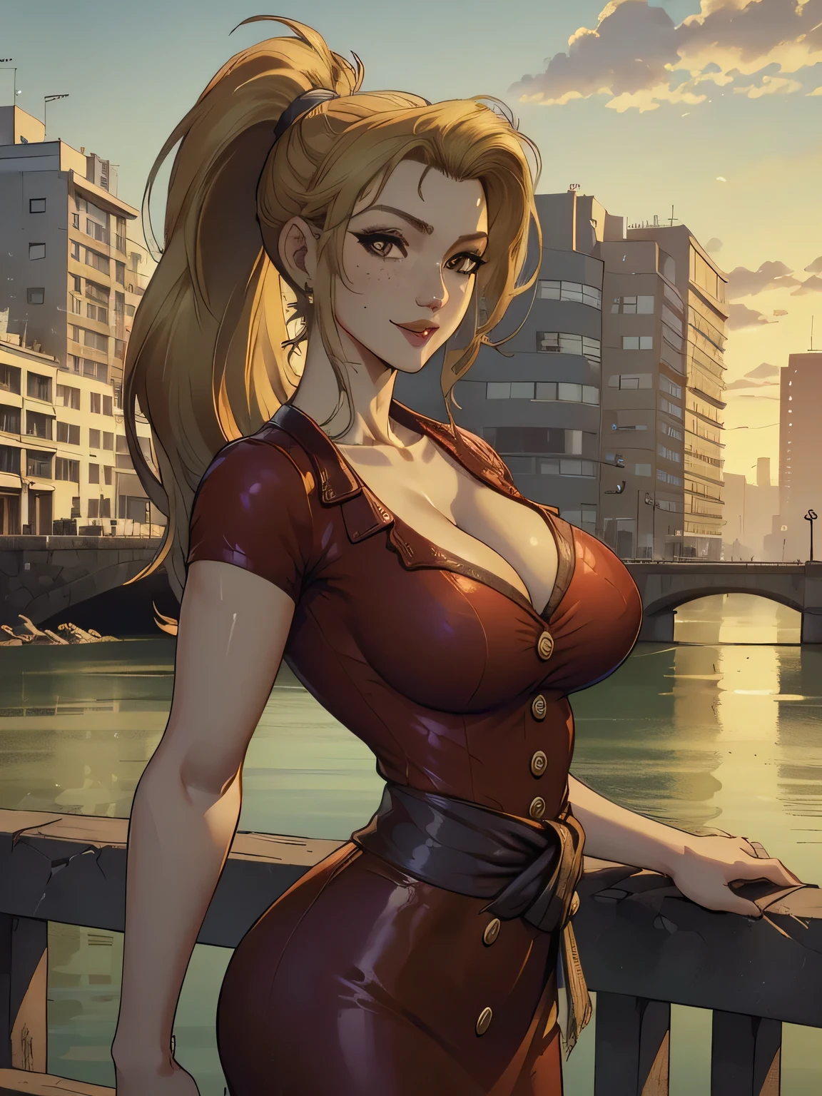 ( linhas absurdas, high definition, ultra fino,  be careful with your hand ) Close-up of a thin woman,  busty and athletic  (Scarlett Final Fantasy), 25 anos, 16k (( high definition )), sorriso lindo, olhar sedutor (( looking at the viewer )), olhos verdes, wearing a red latex t-shirt (( V-neck with buttons and short sleeves )), cintura fina, cinto preto, red latex skirt, arms on the sides of her body, pele branca, (( long yellow hair,  with a ponytail and fringes )), She is alone on a bridge over a river (( upper body, From waist to head, side view 3.4 )), with freckles on the neck and breasts, (( seios grandes, redondos e suados 3.4 )), (( Well defined collarbone )). estilo cartoon (( QG )), Urban scenery with sunset in the background.