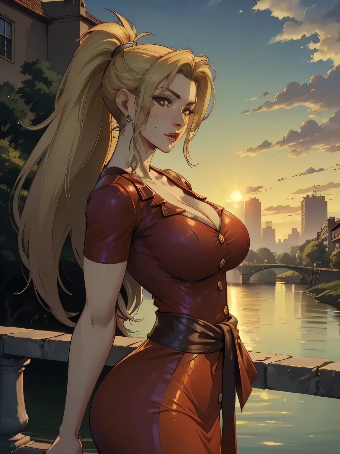 ( linhas absurdas, high definition, ultra fino,  be careful with your hand ) Close-up of a thin woman,  busty and athletic  (Scarlett Final Fantasy), 25 anos, 16k (( high definition )),  sighing look, olhar sedutor (( looking at the viewer )), olhos verdes, wearing a red latex t-shirt (( V-neck with buttons and short sleeves )), cintura fina, cinto preto, red latex skirt, arms on the sides of her body, pele branca, (( long yellow hair,  with a ponytail and fringes )), She is alone on a bridge over a river (( upper body, From waist to head, side view 3.4 )), with freckles on the neck and breasts, (( seios grandes, redondos e suados 3.4 )), (( Well defined collarbone )). estilo cartoon (( QG )), Urban scenery with sunset in the background.