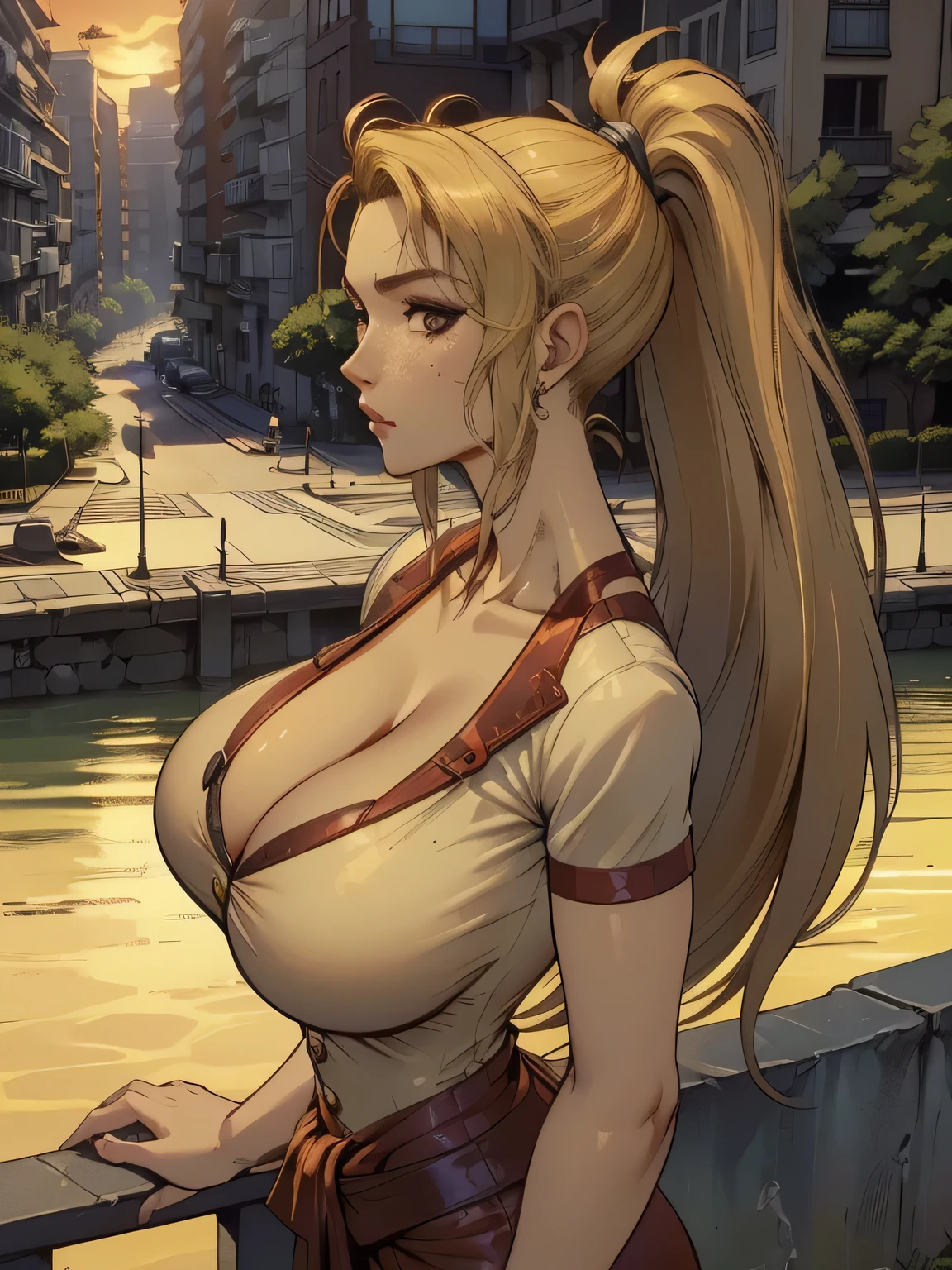 ( linhas absurdas, high definition, ultra fino,  be careful with your hand ) Close-up of a thin woman,  busty and athletic  (Scarlett Final Fantasy), 25 anos, 16k (( high definition )),  sighing look, olhar sedutor (( looking at the viewer )), olhos verdes, wearing a red latex t-shirt (( V-neck with buttons and short sleeves )), cintura fina, cinto preto, red latex skirt, arms on the sides of her body, pele branca, (( long yellow hair,  with a ponytail and fringes )), She is alone on a bridge over a river (( upper body, From waist to head, side view 3.4 )), with freckles on the neck and breasts, (( seios grandes, redondos e suados 3.4 )), (( Well defined collarbone )). estilo cartoon (( QG )), Urban scenery with sunset in the background.