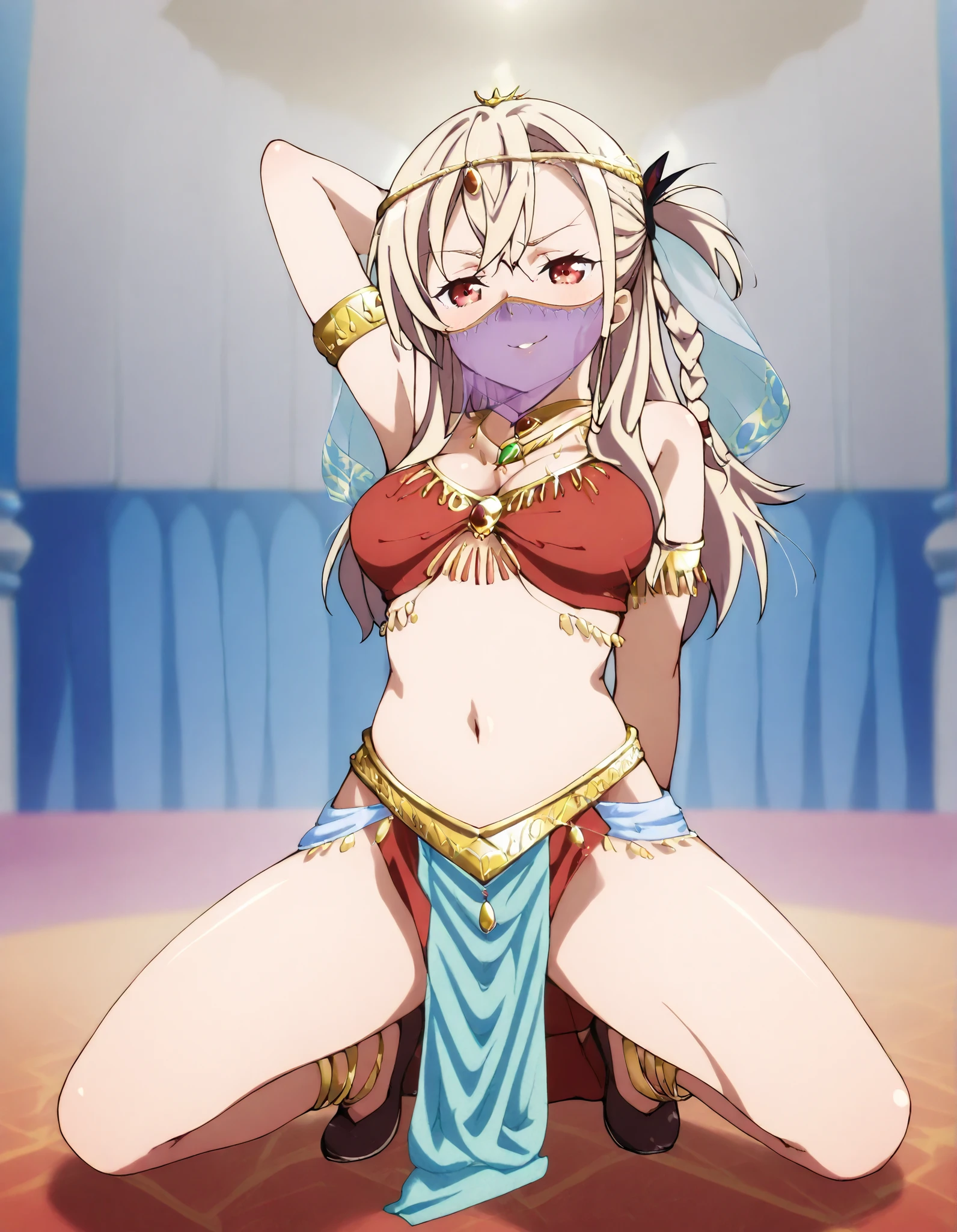 (1girl:1 . 5) , (Seul:1 . 5) , score_9 , score_8_haut , score_7_haut , source_anime , Official work , ultra-detailed , masterpiece , better quality , high resolution , beaux yeux , detailed eyes , Detailed face , beautiful detailed eyes ,HighSchool Fleet,Wilhelmina Braunschweig Ingenohl Friedeburg,Arabian Clothes , Arabian Dancer ,belly dancer costume,belly dancer outfit ,full body,golden jewelery,mouth veil,armlet, belly dancing,arabian theater,seductive smile, dancing with veil, dynamic movement,dance posture, pose