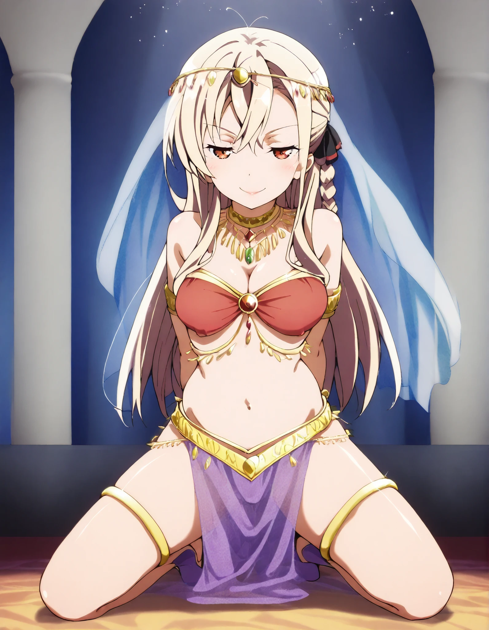 (1girl:1 . 5) , (Seul:1 . 5) , score_9 , score_8_haut , score_7_haut , source_anime , Official work  , ultra-detailed , masterpiece , better quality , high resolution , beaux yeux , detailed eyes , Detailed face , beautiful detailed eyes ,HighSchool Fleet,Wilhelmina Braunschweig Ingenohl Friedeburg,Arabian Clothes , Arabian Dancer ,belly dancer costume,belly dancer outfit ,full body,golden jewelery,armlet, belly dancing,arabian theater,seductive smile, dancing with veil, dynamic movement,dance posture, seductive pose