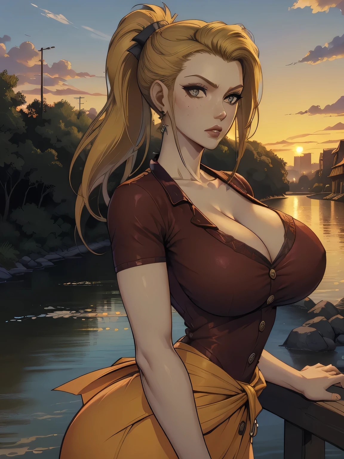 ( linhas absurdas, high definition, ultra fino,  be careful with your hand ) Close-up of a thin woman,  busty and athletic  (Scarlett Final Fantasy), 25 anos, 16k (( high definition )),  looking serious, olhar sedutor (( looking at the viewer )), olhos verdes, wearing a red latex t-shirt (( V-neck with buttons and short sleeves )), cintura fina, cinto preto, red latex skirt, arms on the sides of her body, pele branca, (( long yellow hair,  with a ponytail and fringes )), She is alone on a bridge over a river (( upper body, From waist to head, side view 3.4 )), with freckles on the neck and breasts, (( seios grandes, redondos e suados 3.4 )), (( Well defined collarbone )). estilo cartoon (( QG )), Urban scenery with sunset in the background.