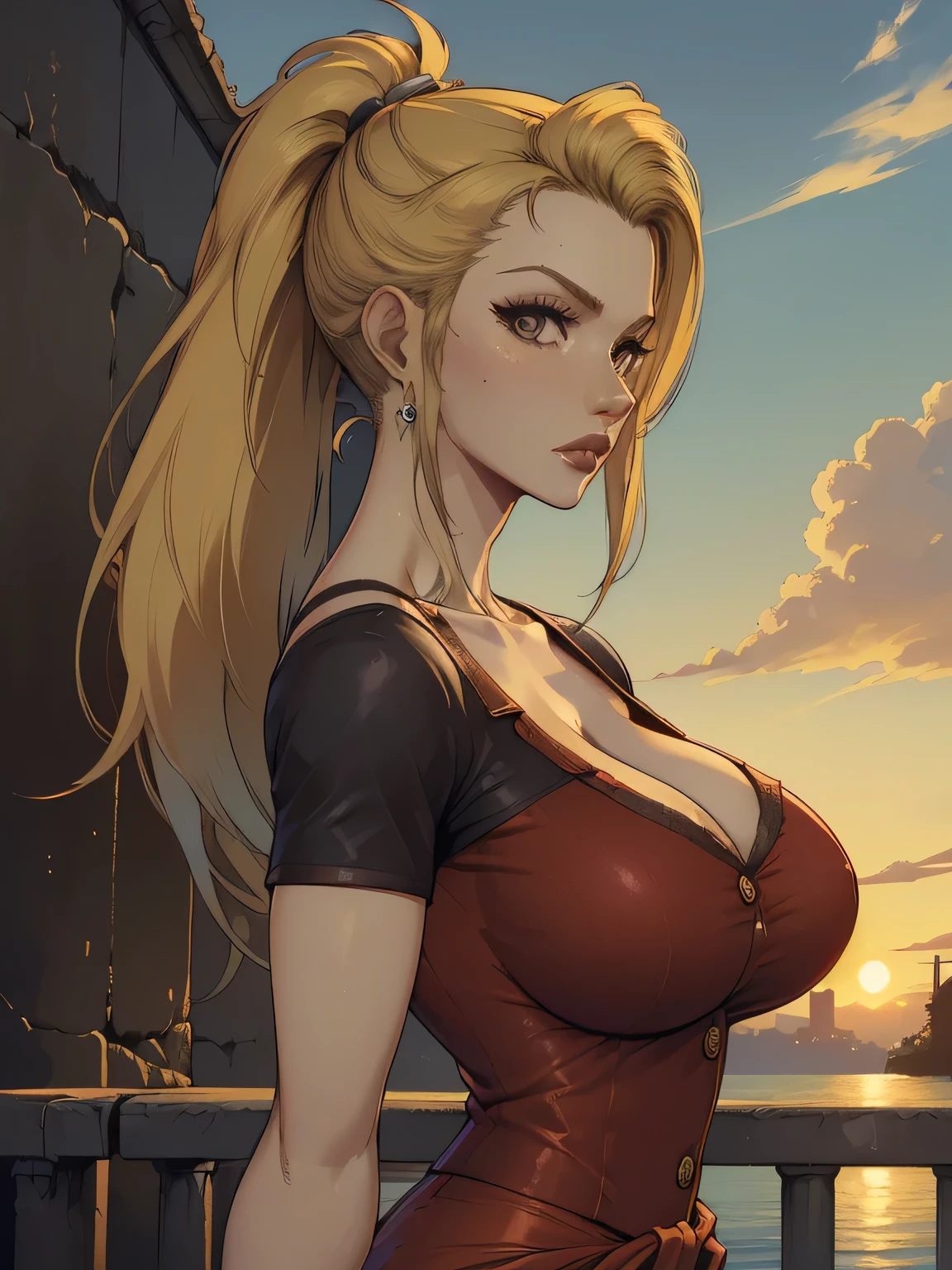 ( linhas absurdas, high definition, ultra fino,  be careful with your hand ) Close-up of a thin woman,  busty and athletic  (Scarlett Final Fantasy), 25 anos, 16k (( high definition )),  looking serious, olhar sedutor (( looking at the viewer )), olhos verdes, wearing a red latex t-shirt (( V-neck with buttons and short sleeves )), cintura fina, cinto preto, red latex skirt, arms on the sides of her body, pele branca, (( long yellow hair,  with a ponytail and fringes )), She is alone on a bridge over a river (( upper body, From waist to head, side view 3.4 )), with freckles on the neck and breasts, (( seios grandes, redondos e suados 3.4 )), (( Well defined collarbone )). estilo cartoon (( QG )), Urban scenery with sunset in the background.