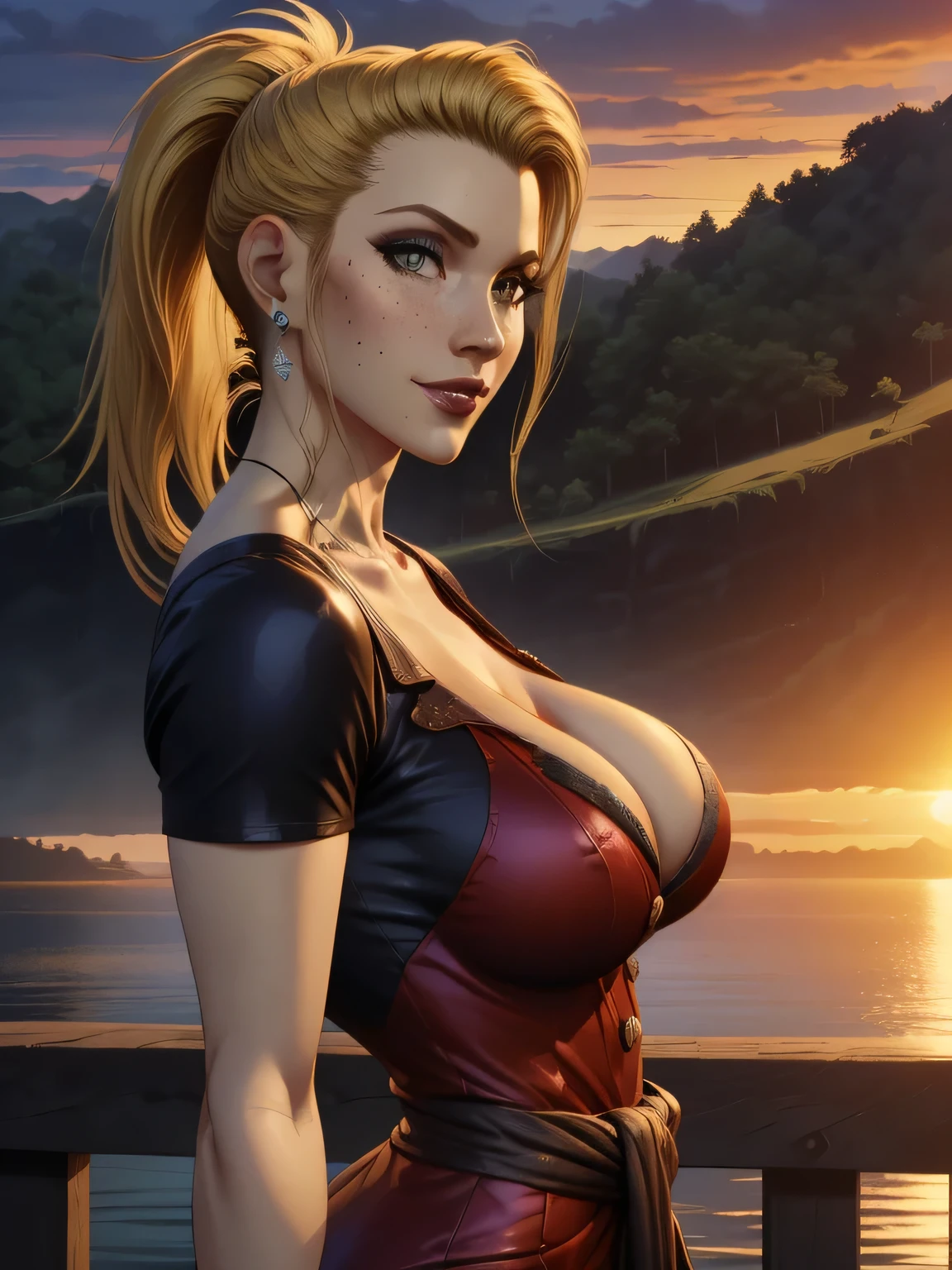 ( linhas absurdas, high definition, ultra fino,  be careful with your hand ) Close-up of a thin woman,  busty and athletic  (Scarlett Final Fantasy), 25 anos, 16k (( high definition )), sorriso lindo, olhar sedutor (( looking at the viewer )), olhos verdes, wearing a red latex t-shirt (( V-neck with buttons and short sleeves )), cintura fina, cinto preto, red latex skirt, arms on the sides of her body, pele branca, (( long yellow hair, with ponytail and fringes  )), She is alone on a bridge over a river (( upper body, From waist to head, side view 3.4 )), with freckles on the neck and breasts, (( seios grandes, redondos e suados 3.4 )), (( Well defined collarbone )). estilo cartoon (( QG )), Urban scenery with sunset in the background.